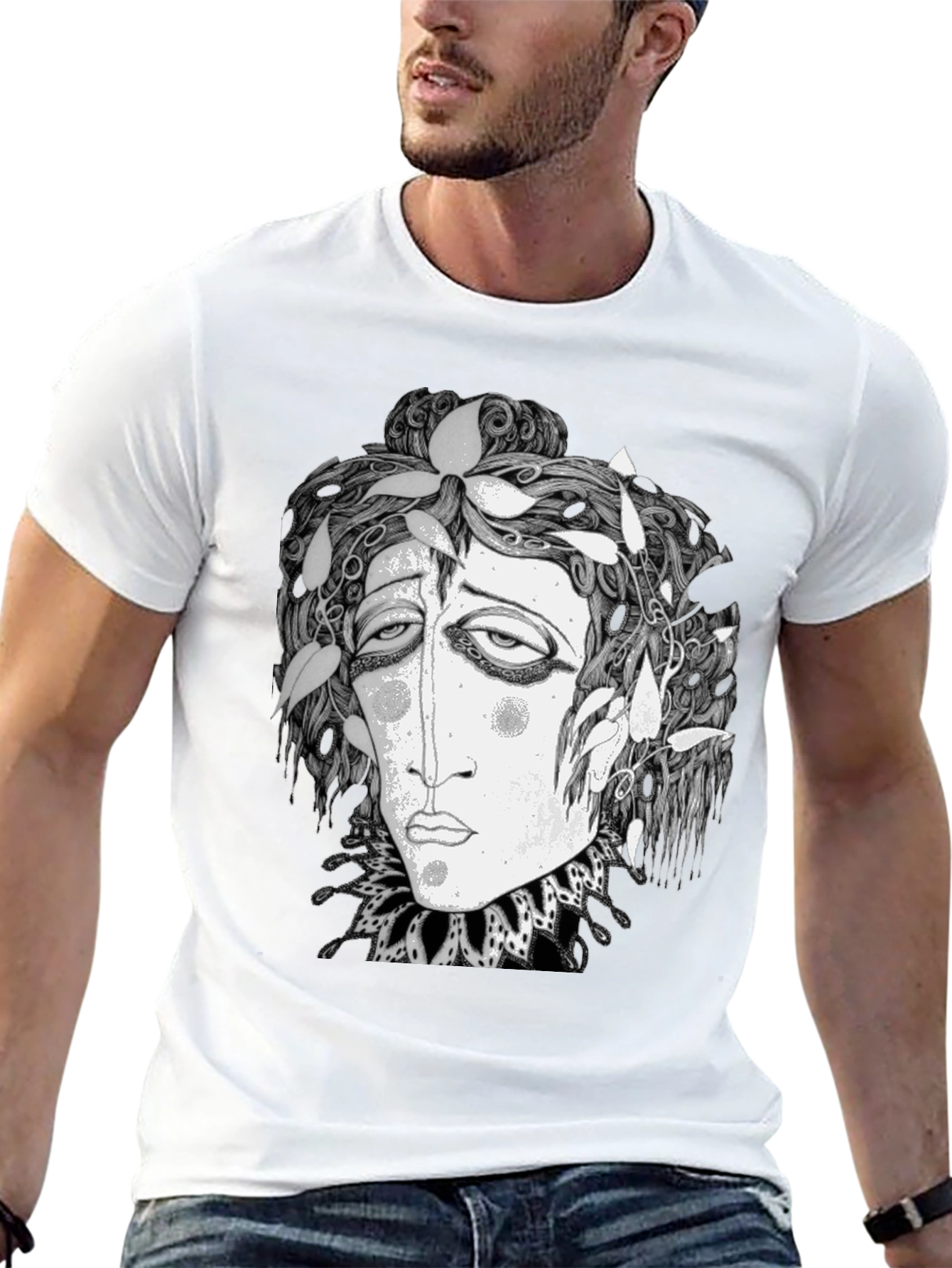Black Surreal Face Graphic Print Black T-Shirt view 13