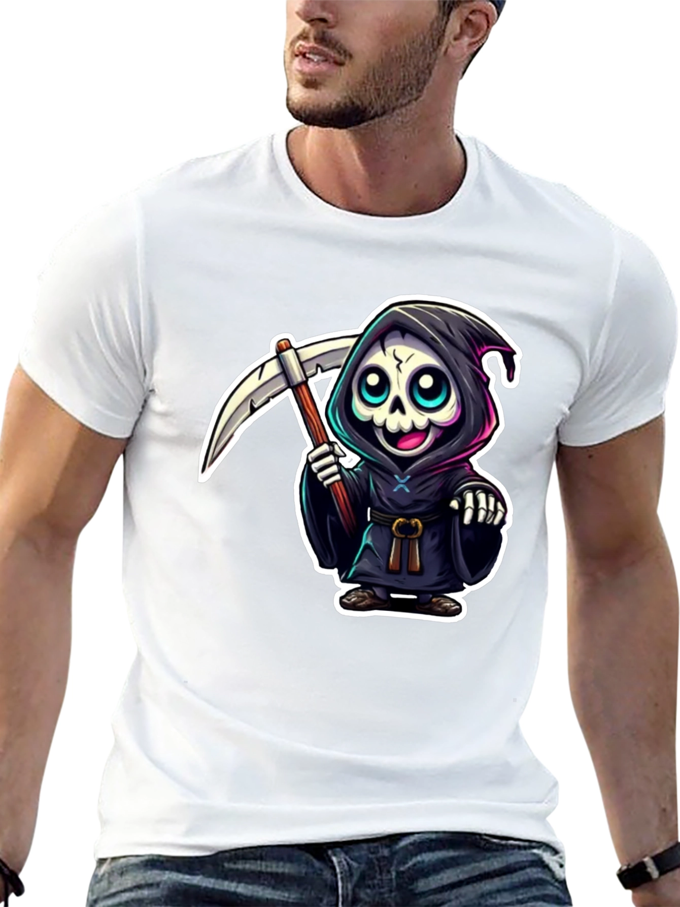 Black Grim Reaper Cartoon Graphic Black T-Shirt view 13