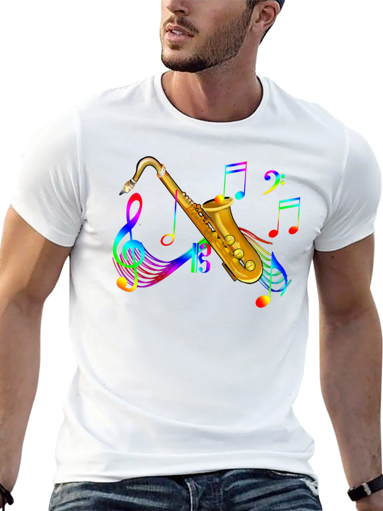Black Rainbow Saxophone Music Notes Black T-Shirt view 13