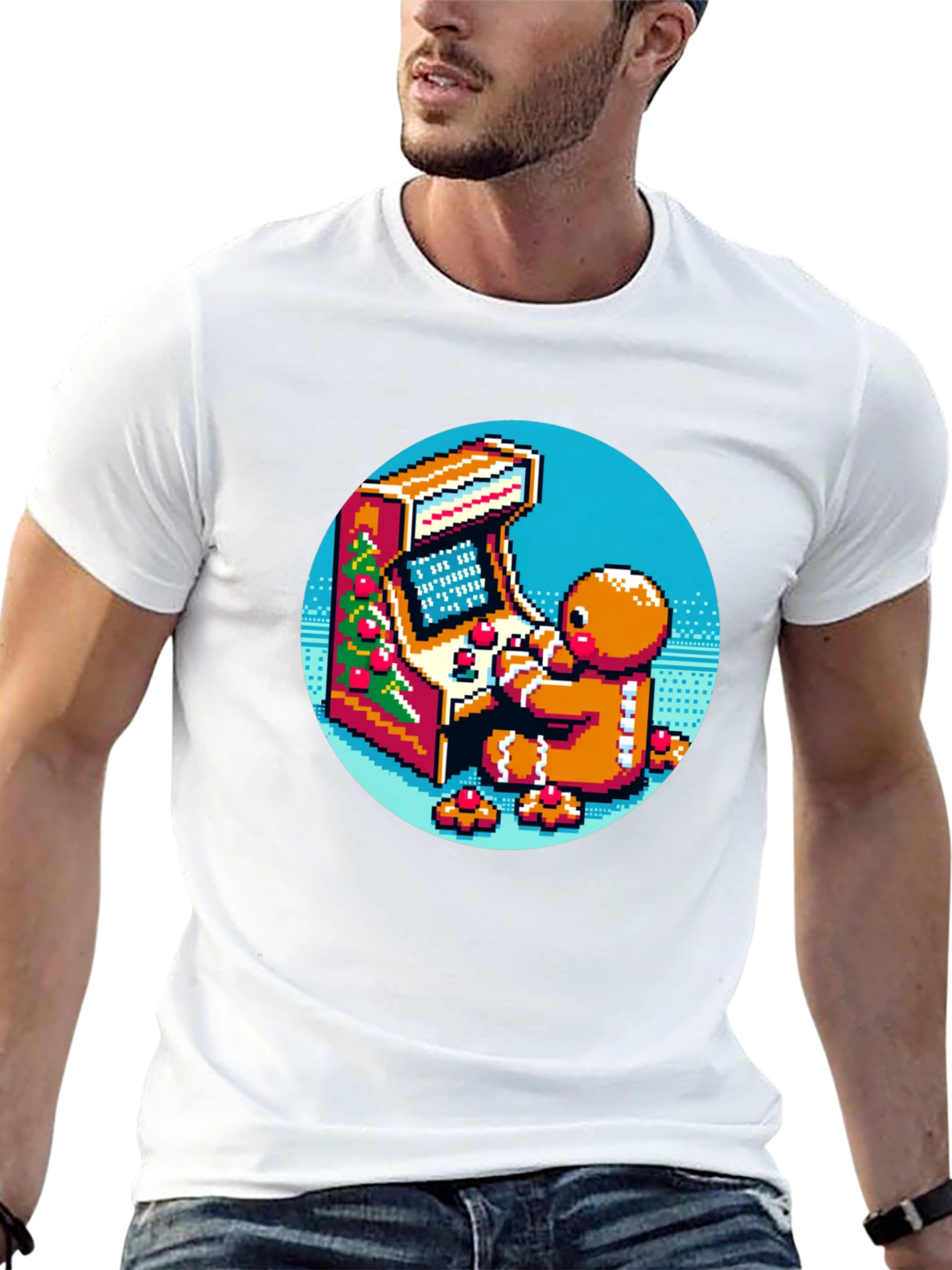 Black Gingerbread Gamer T-Shirt - Retro Pixel Arcade Fun view 13