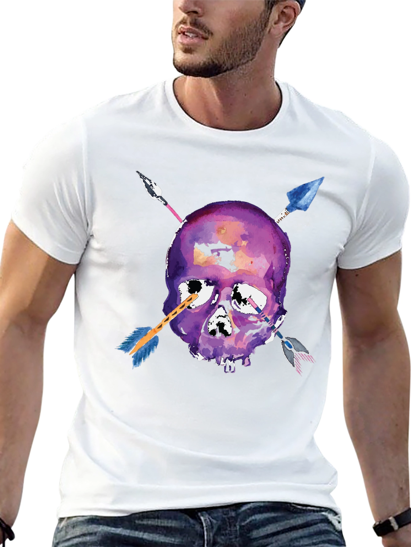 Black Skull Arrows T-Shirt - Unique Watercolor Style view 13