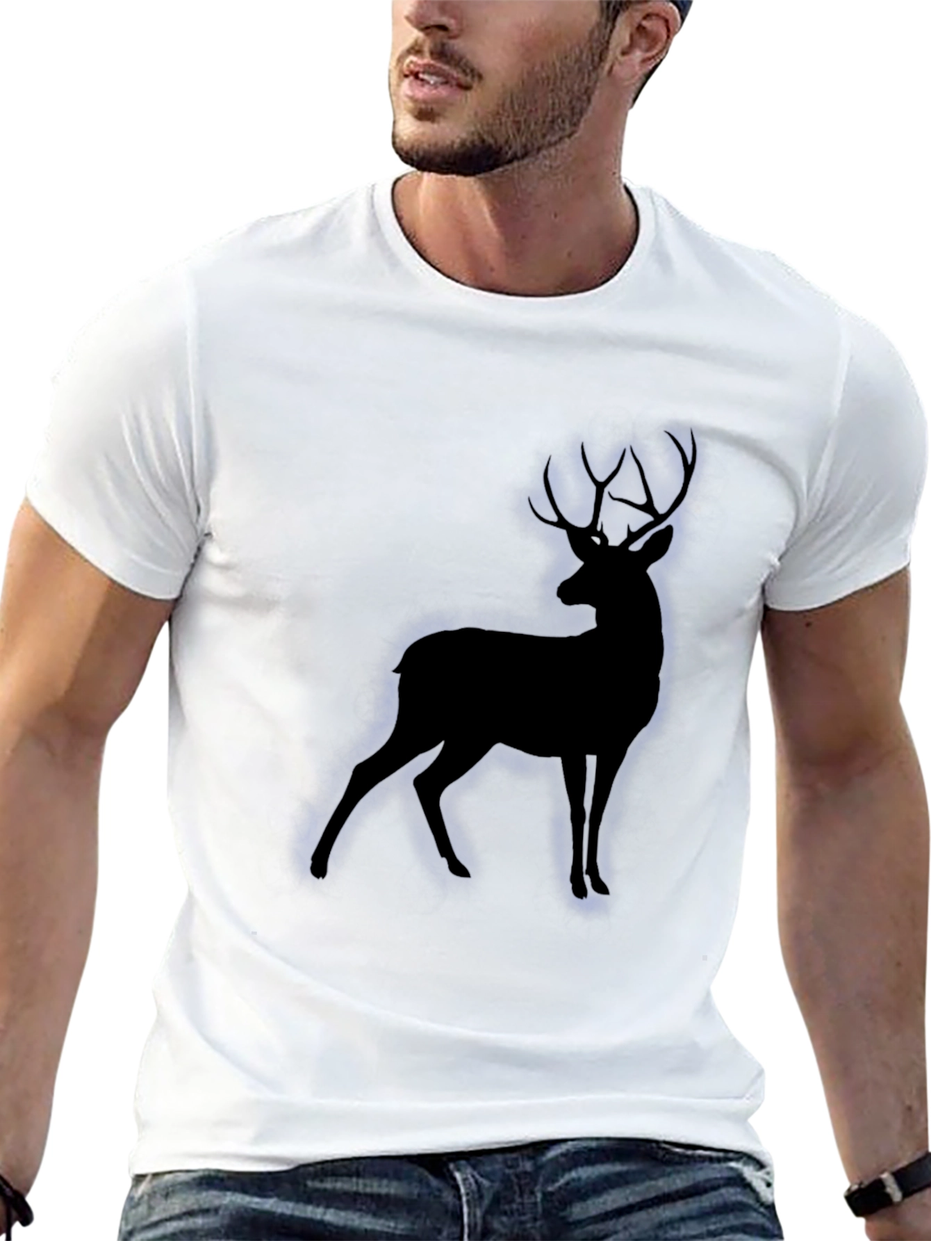 Black Men's Black T-Shirt with Deer Silhouette view 13