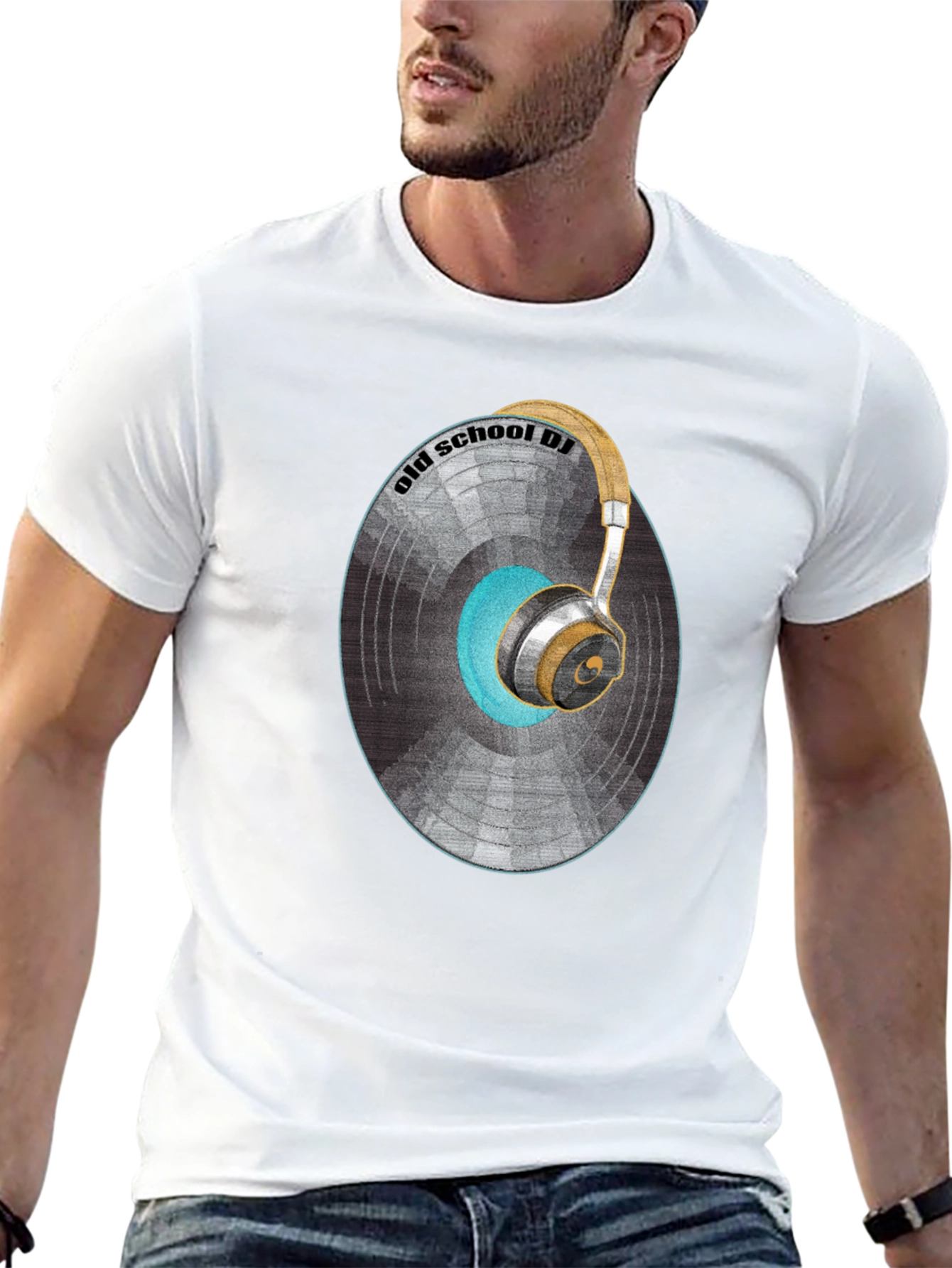 Black Old School DJ Graphic T-Shirt - Vintage Vinyl & Headphones Design view 13