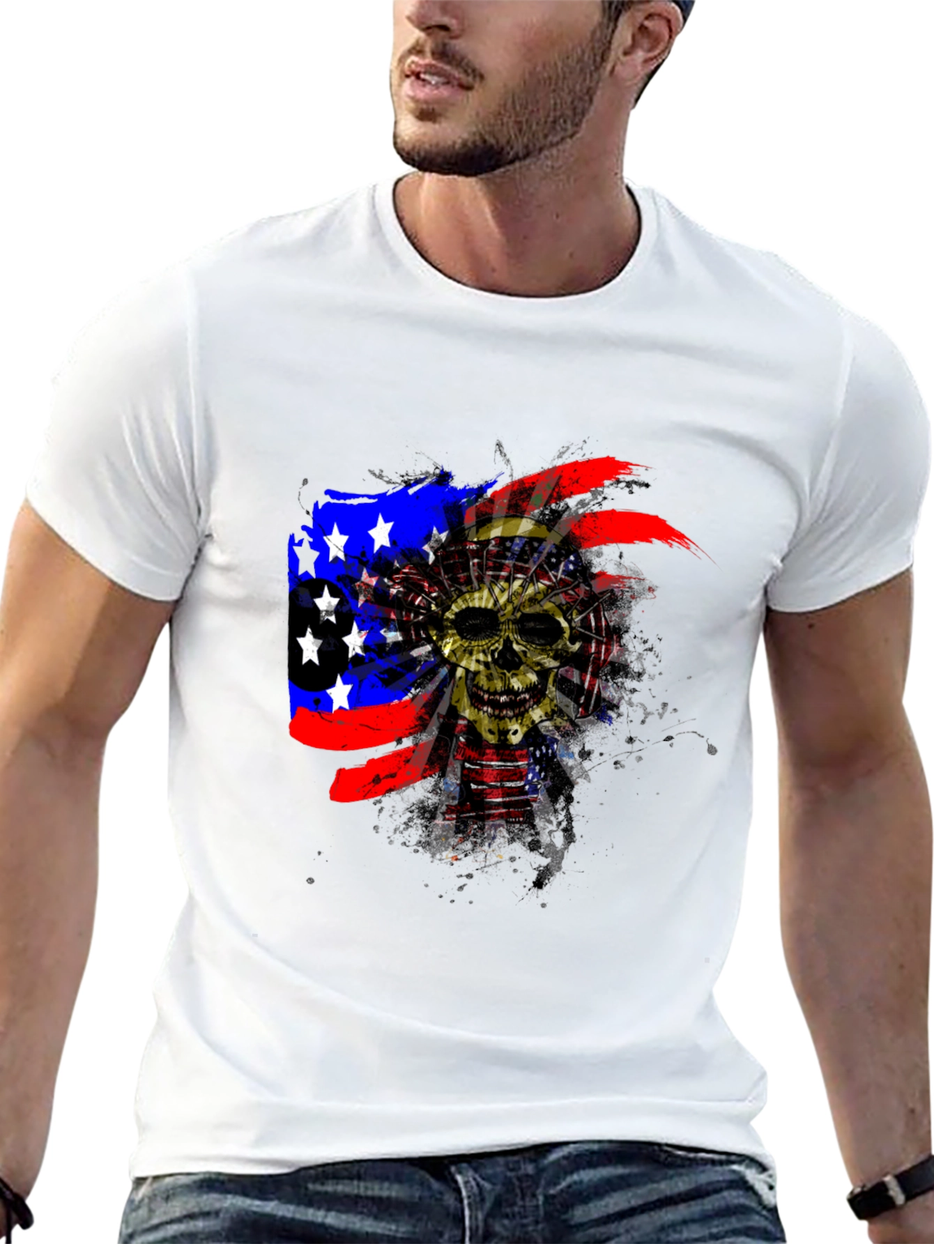 Black Skull American Flag Men's Black T-Shirt view 13