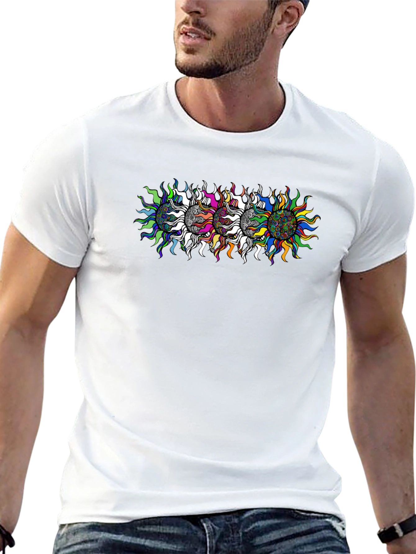 Black Men's Black T-Shirt with Psychedelic Sun Design view 13