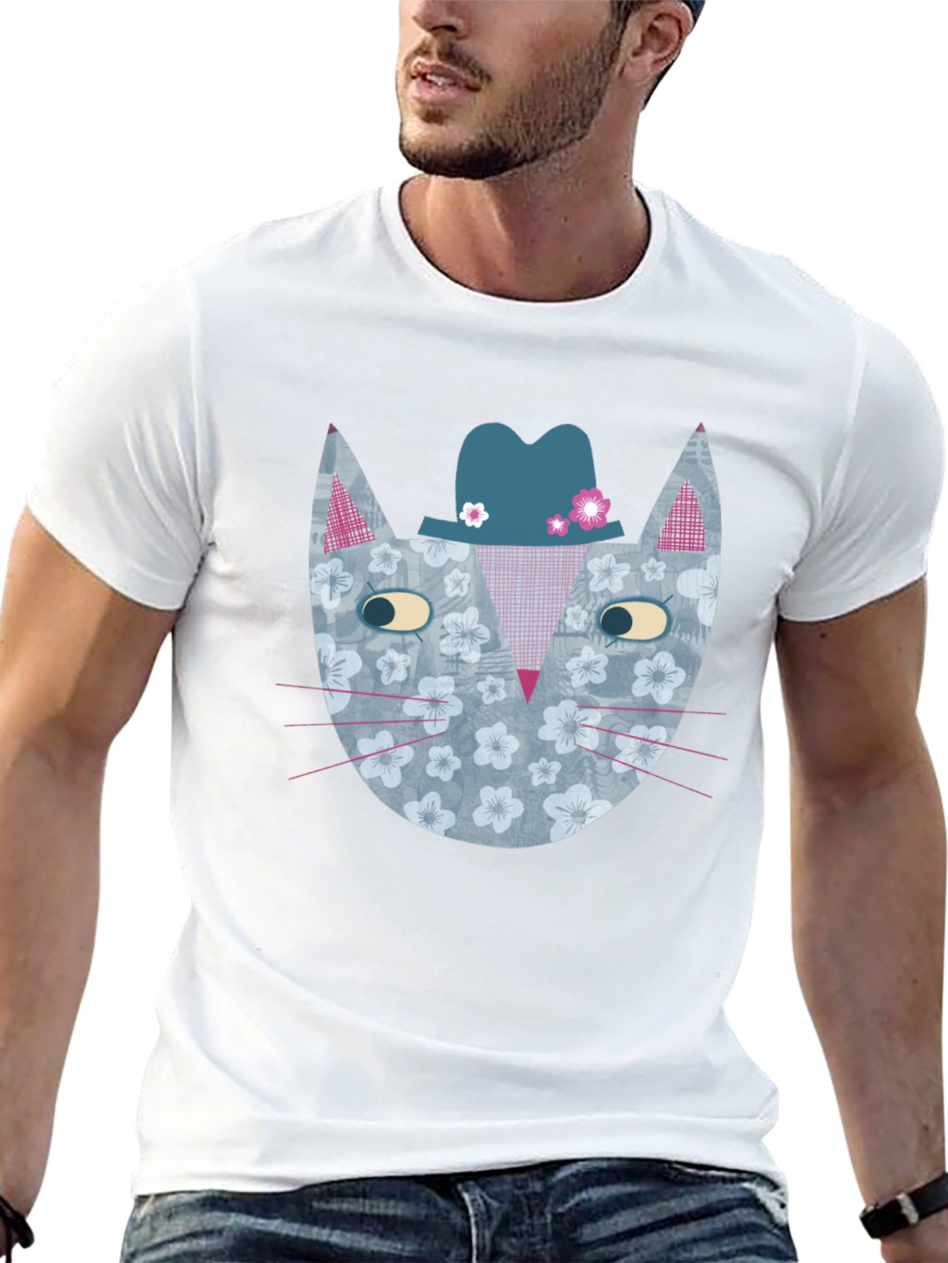 Black Floral Cat with Hat Men's Graphic Tee view 13