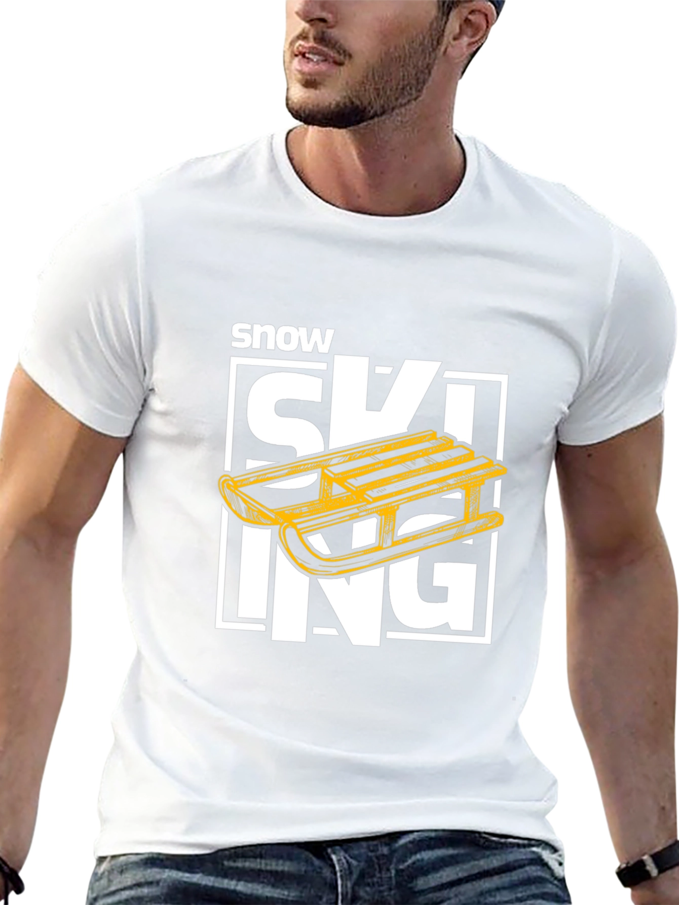 Black Snow Skiing Sled Graphic Tee - Winter Sport T-Shirt view 13