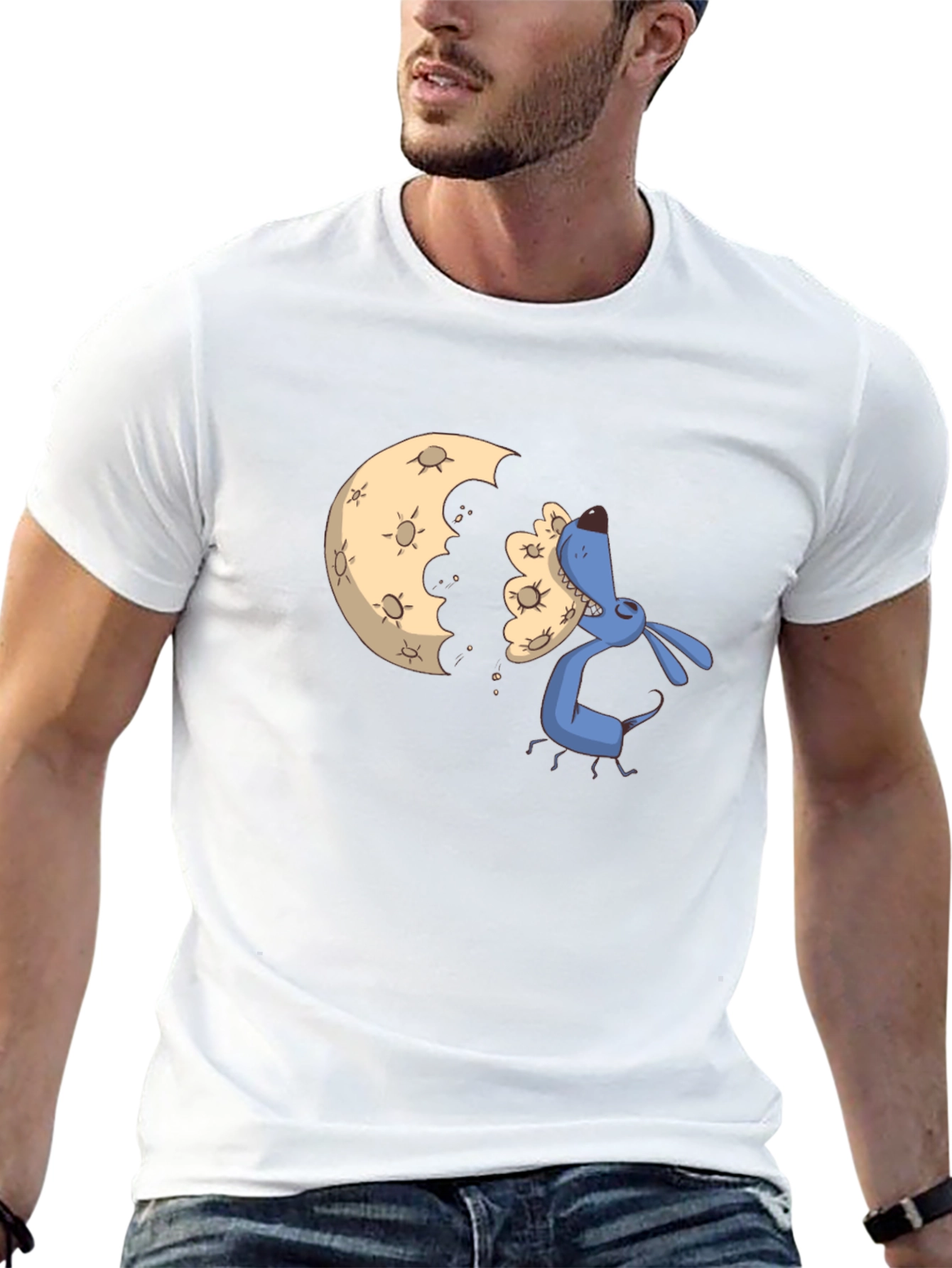 Black Cartoon Moon Eating Dog Black T-Shirt view 13