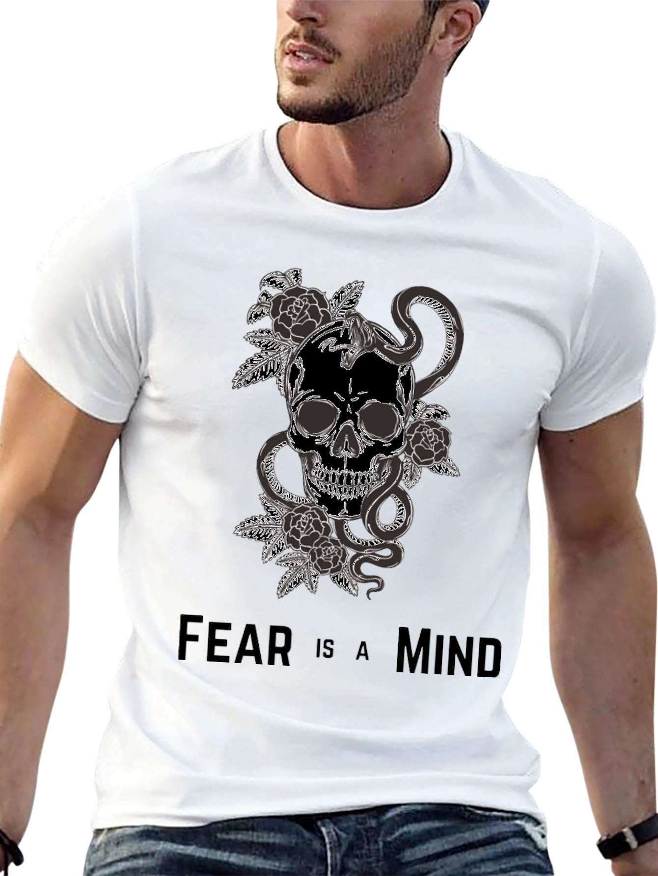 Black Skull Snake and Roses Graphic T-Shirt - Fear is a Mind view 13