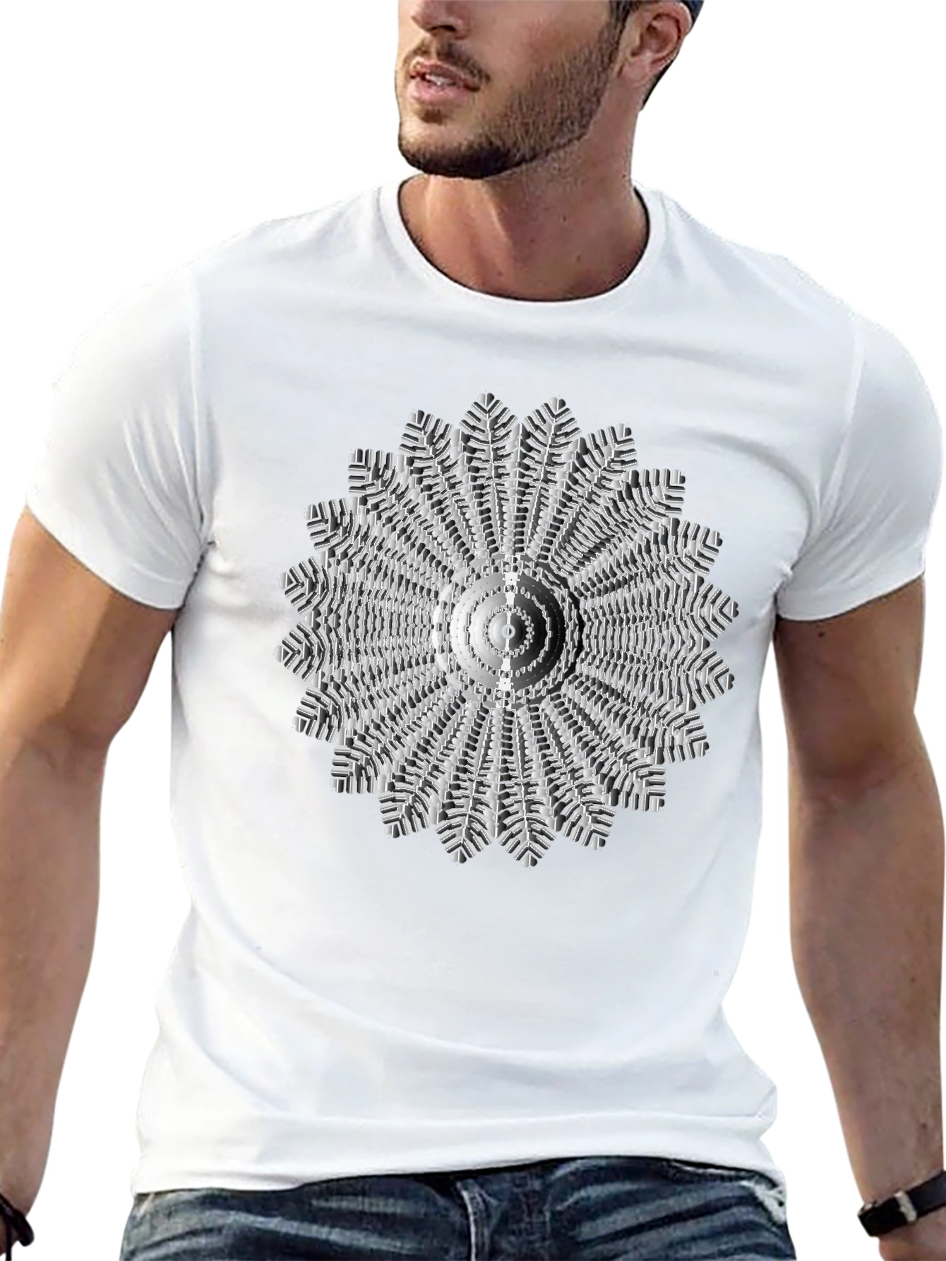 Black Abstract Radial Design Black T-Shirt view 13