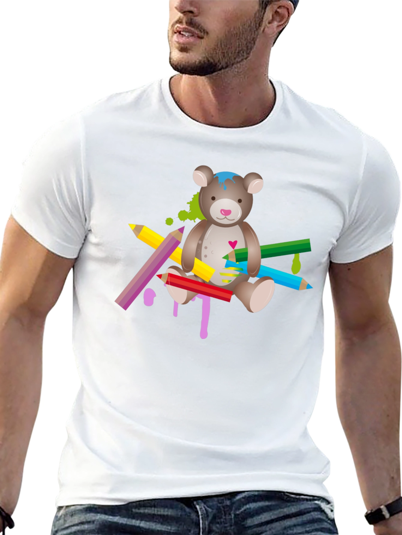 Black Cute Teddy Bear & Colorful Pencils Graphic T-Shirt - Unisex view 13