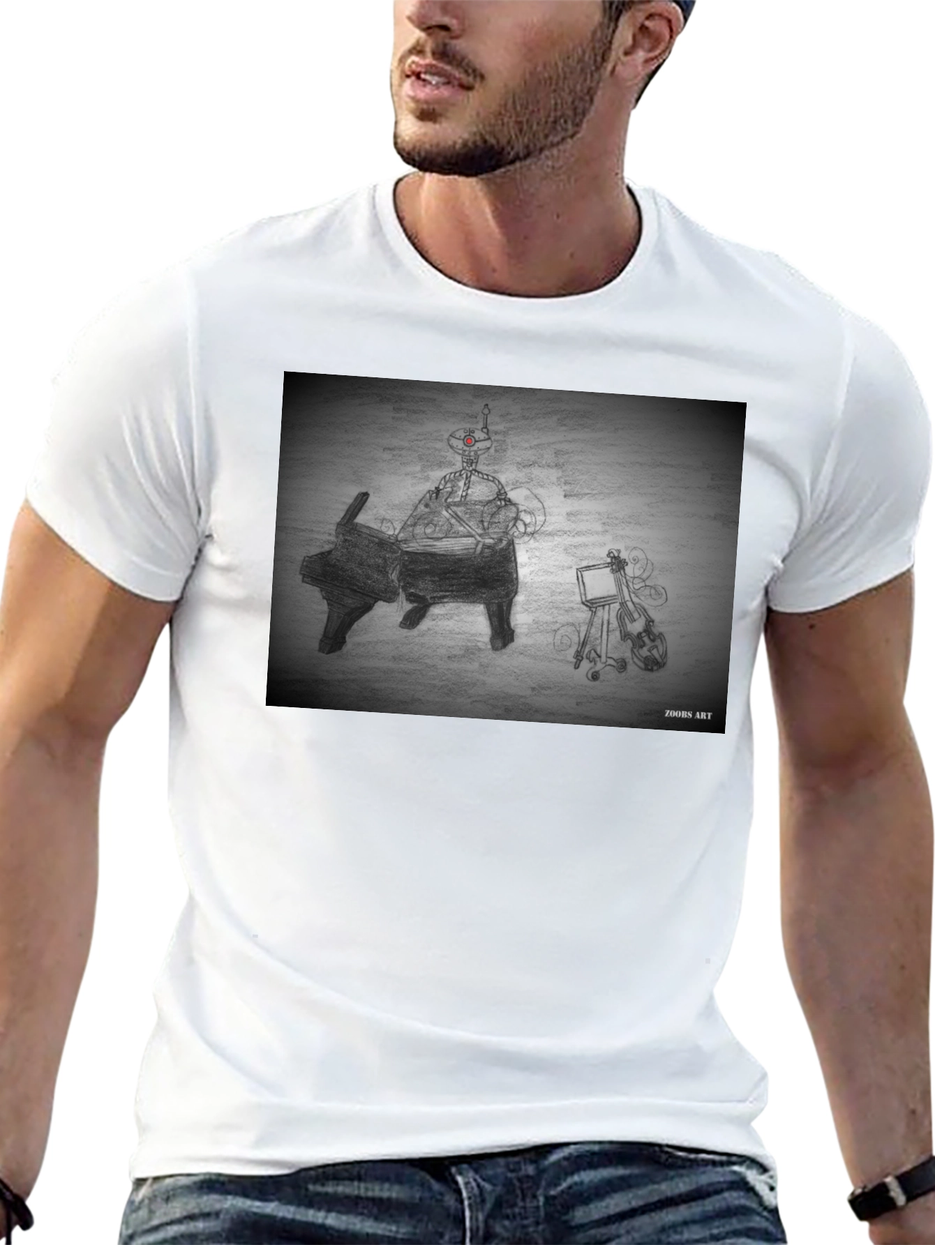 Black Robot Musician Tee - Artistic Black T-Shirt view 13