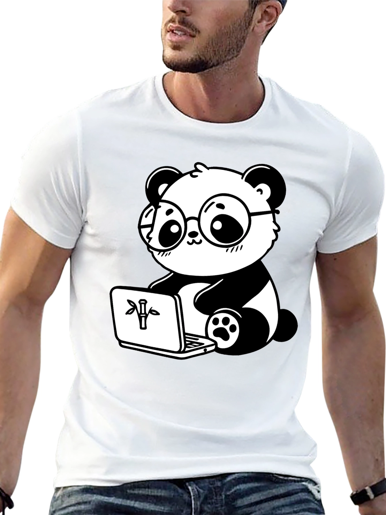 Black Cute Panda Laptop Graphic T-Shirt view 13