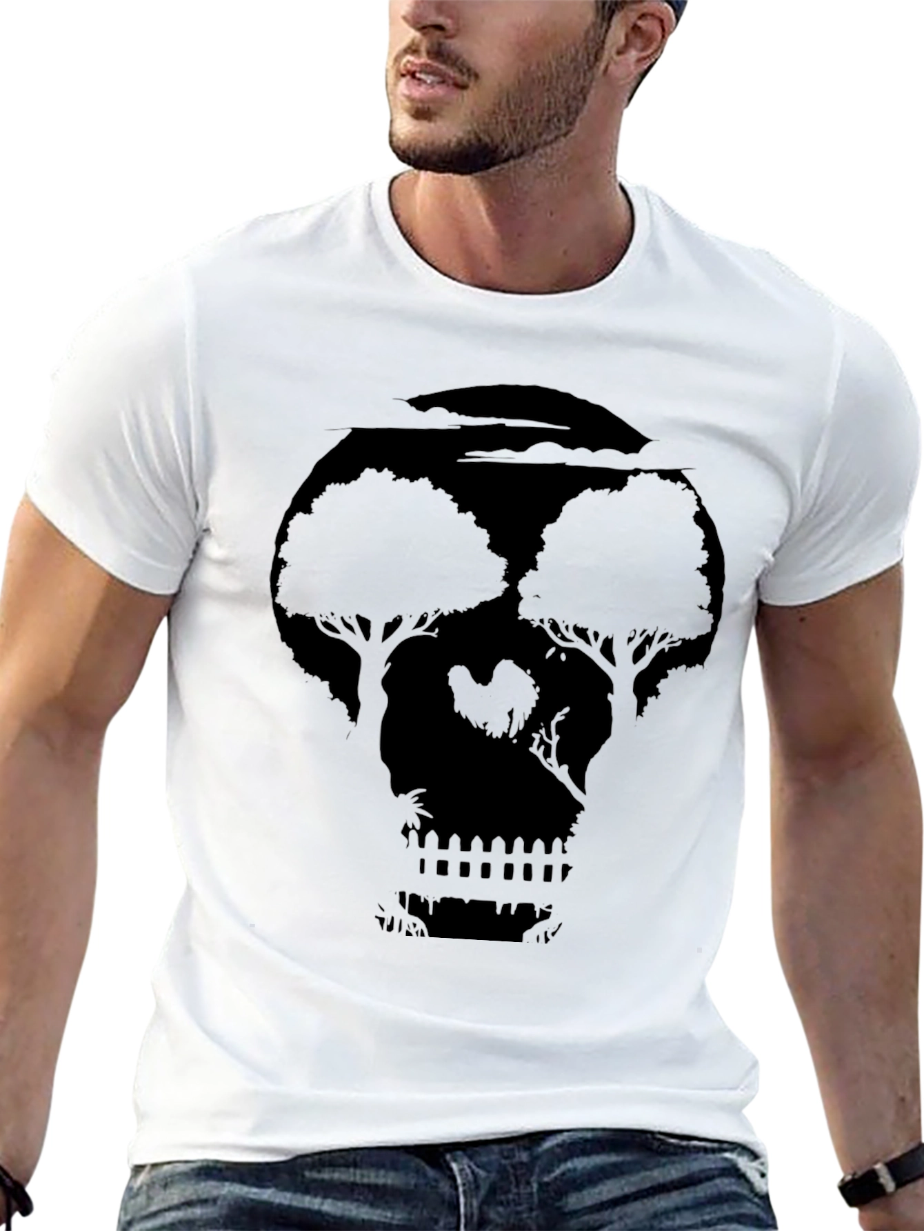 Black Skull Landscape Graphic Print Black T-Shirt view 13
