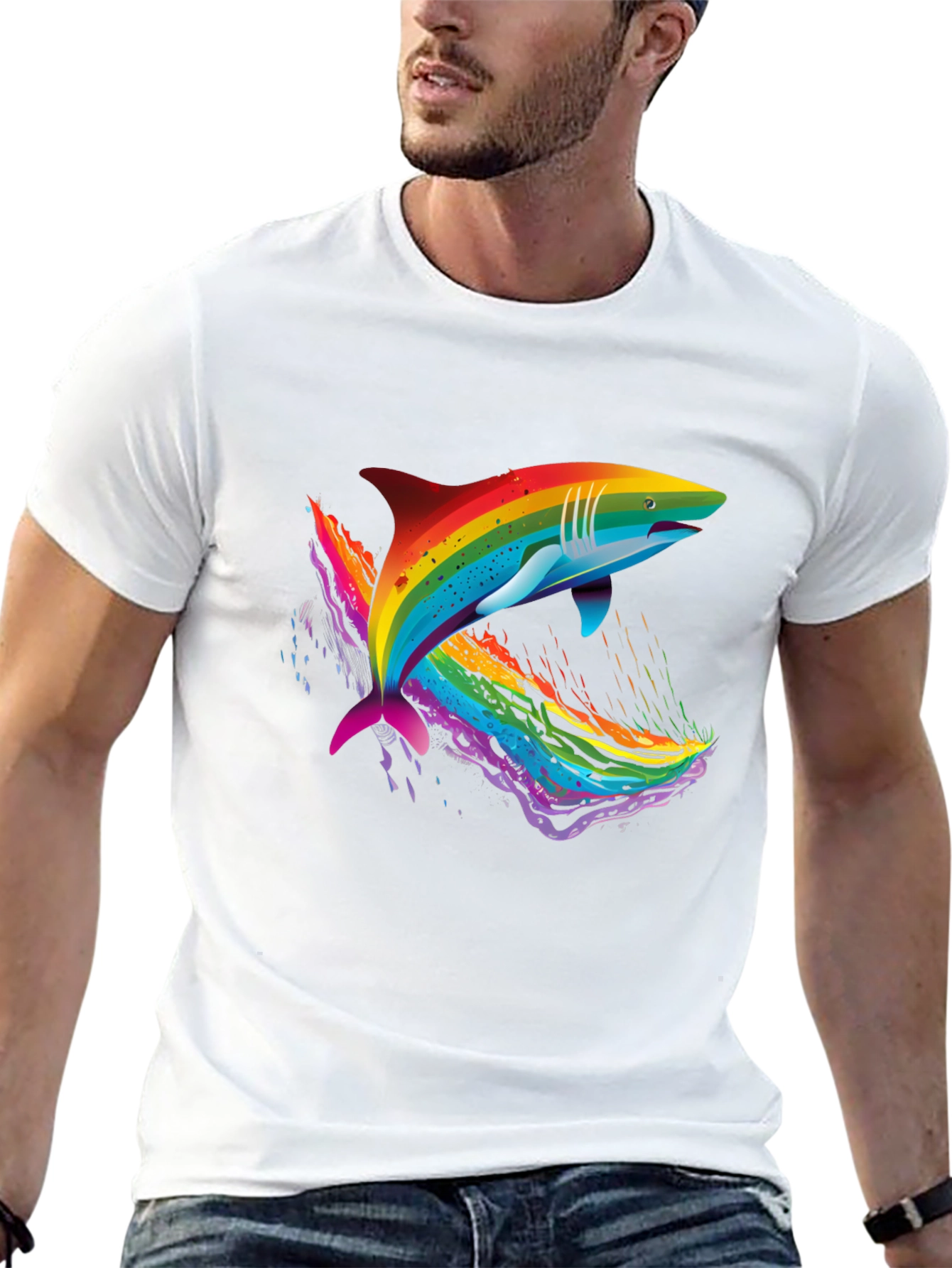 Black Rainbow Shark Graphic Black T-Shirt view 13