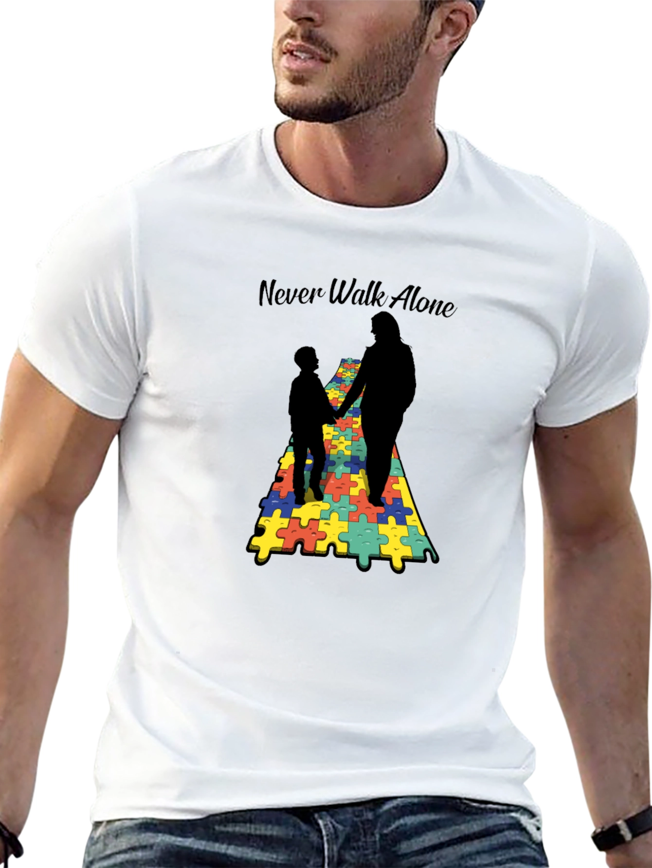 Black Never Walk Alone Autism Puzzle T-Shirt view 13