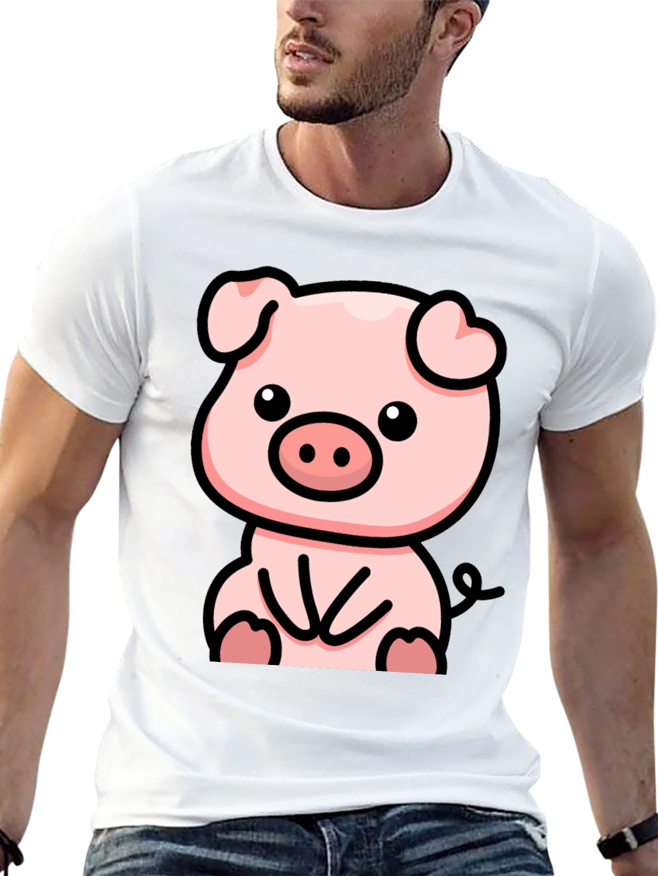 Black Cute Cartoon Pig Black T-Shirt view 13
