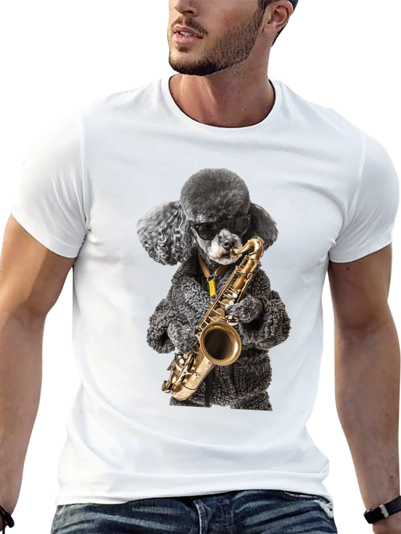 Black Cool Poodle Sax Player Graphic Tee view 13