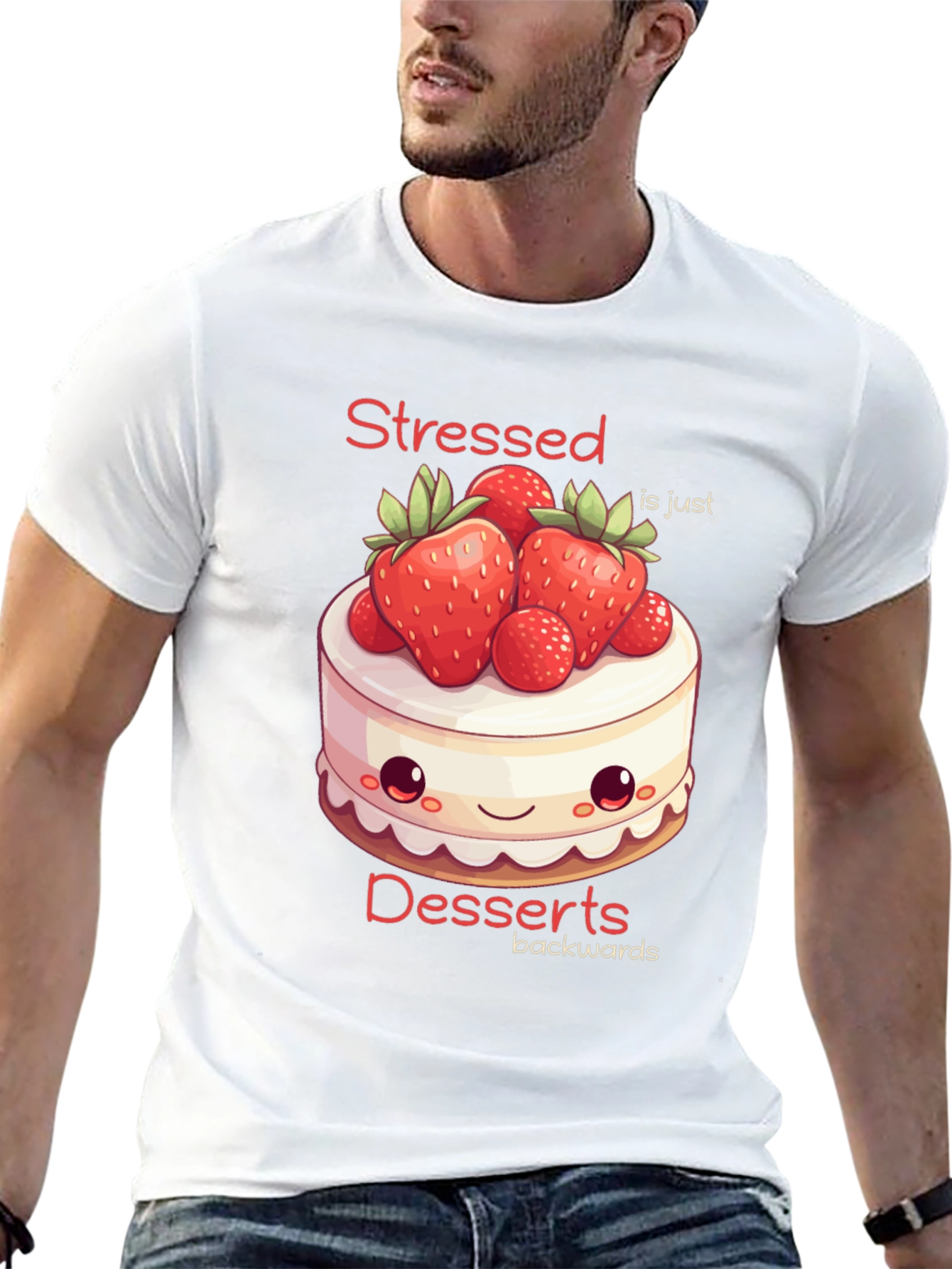 Black Stressed is Desserts Backwards T-Shirt view 13