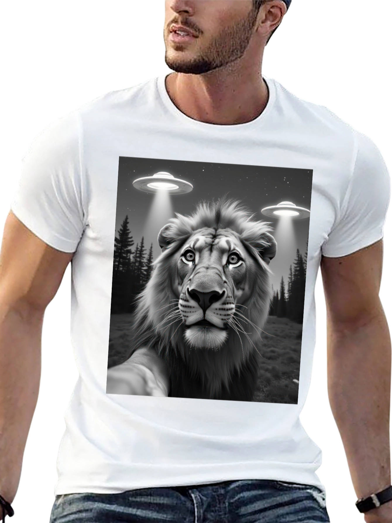 Black Lion Selfie UFO Abduction Graphic Tee view 13