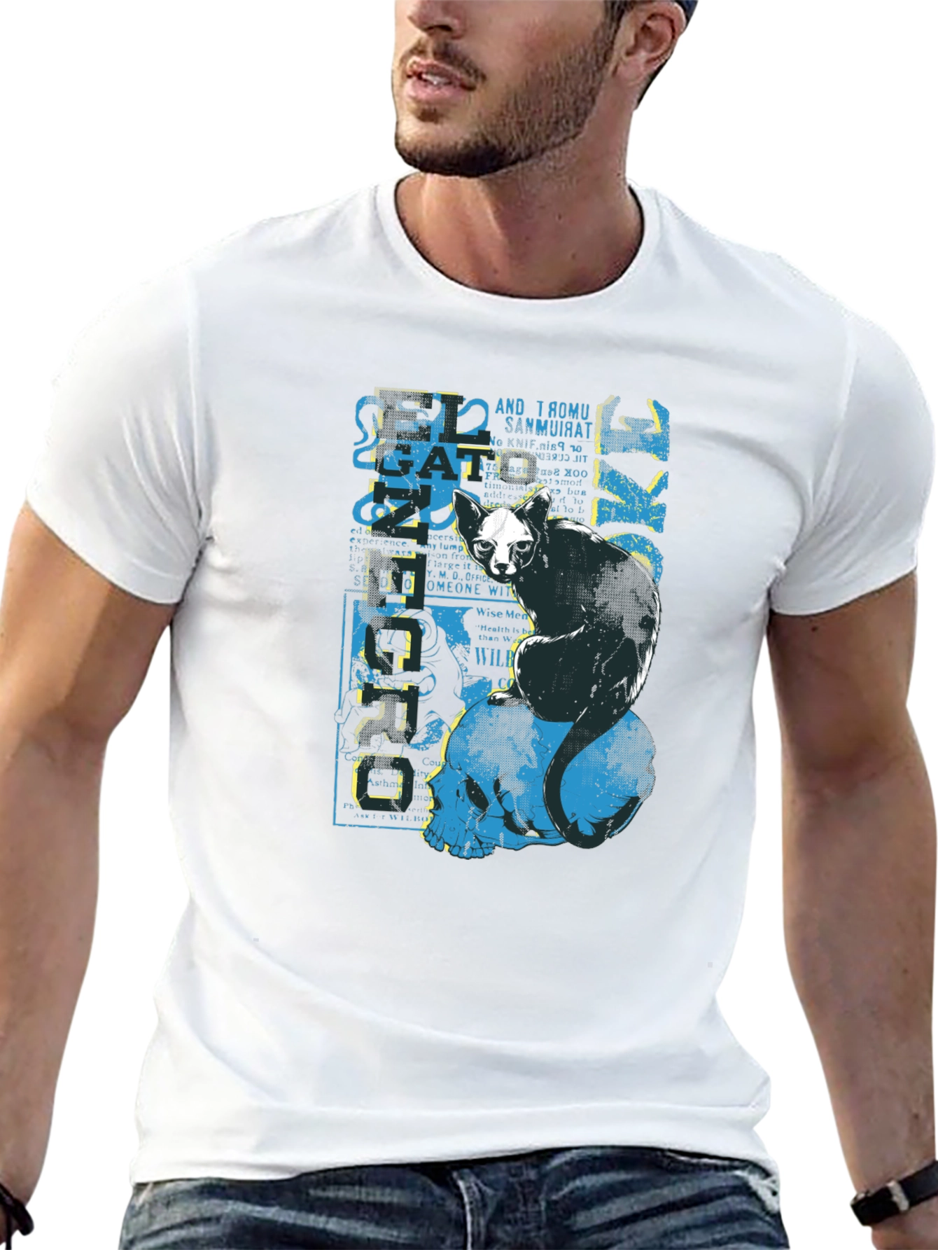 Black Cat Skull Graphic Print Black T-Shirt view 13