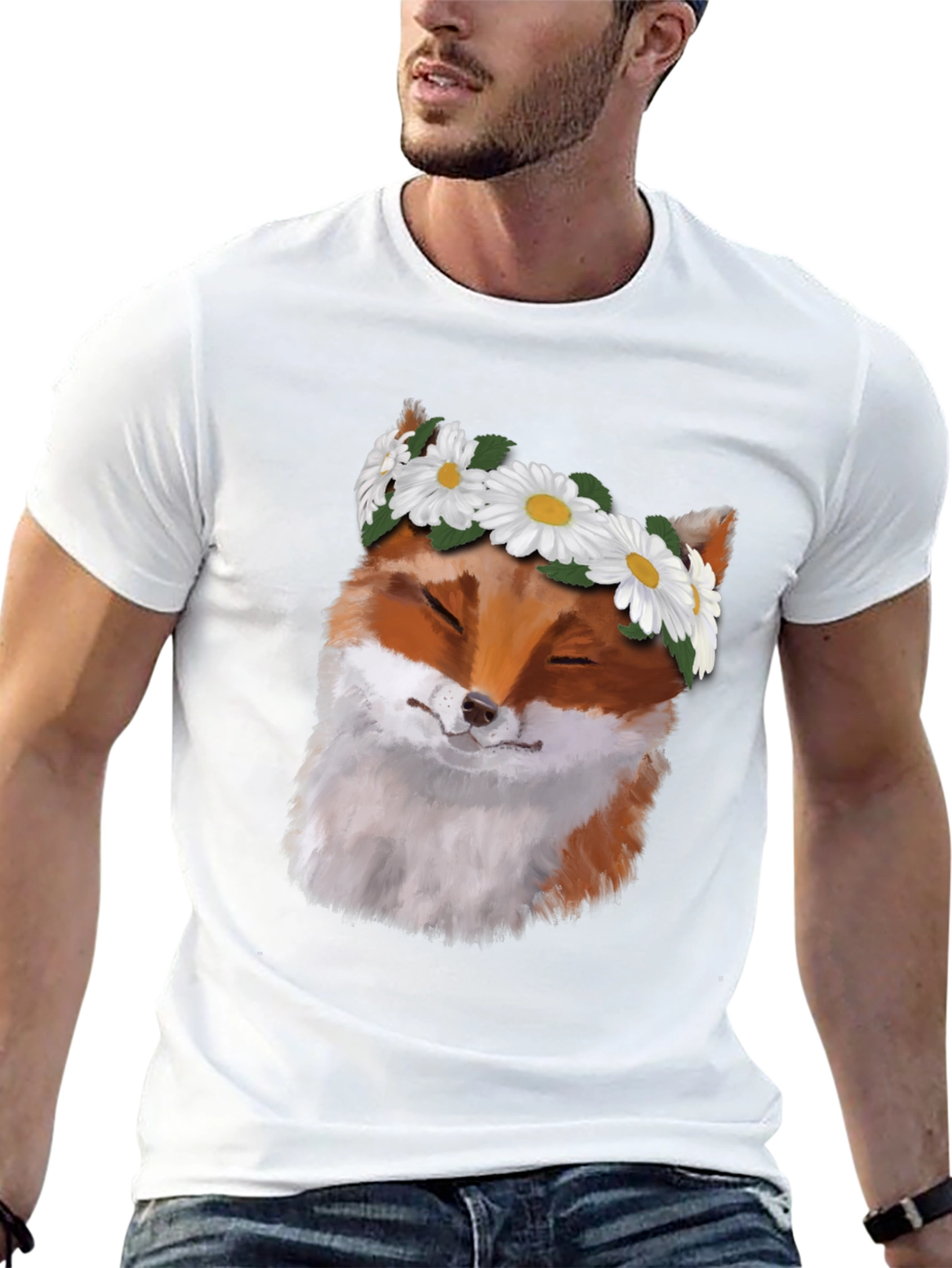 Black Fox with Daisy Crown Black T-Shirt - Unique Graphic Tee view 13