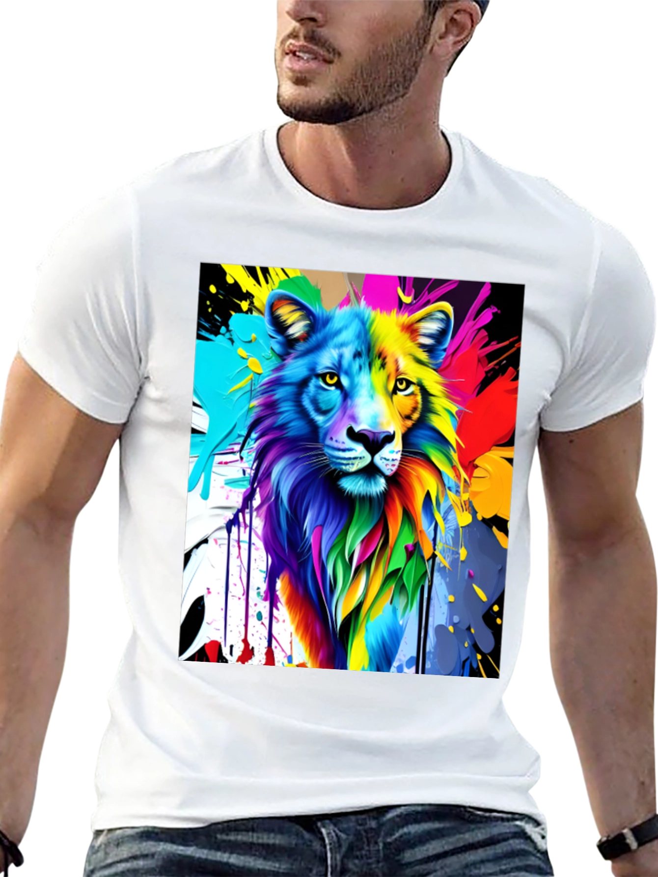 Black Colorful Lion Graphic Black T-Shirt view 13