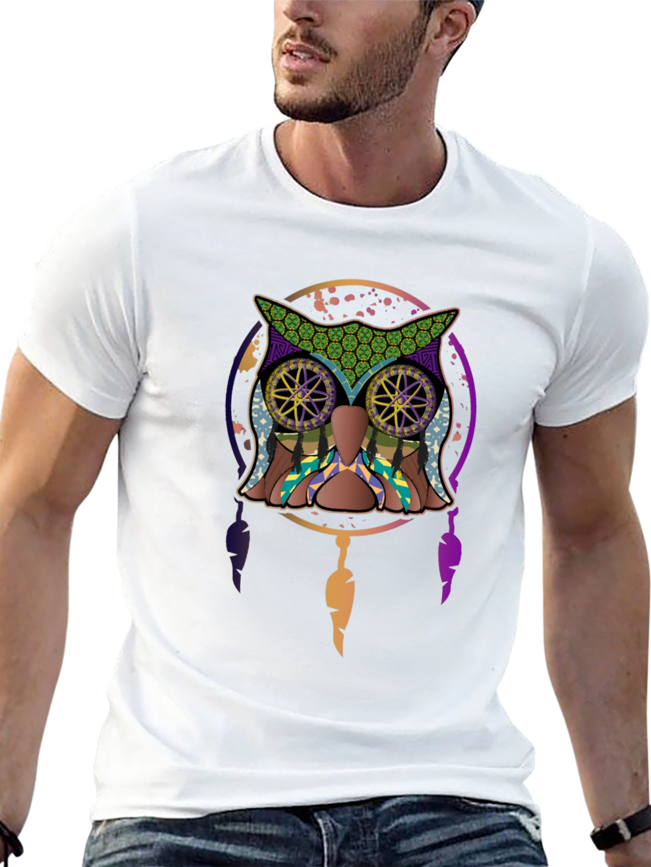 Black Owl Dreamcatcher Graphic Tee - Men's Black T-Shirt view 13