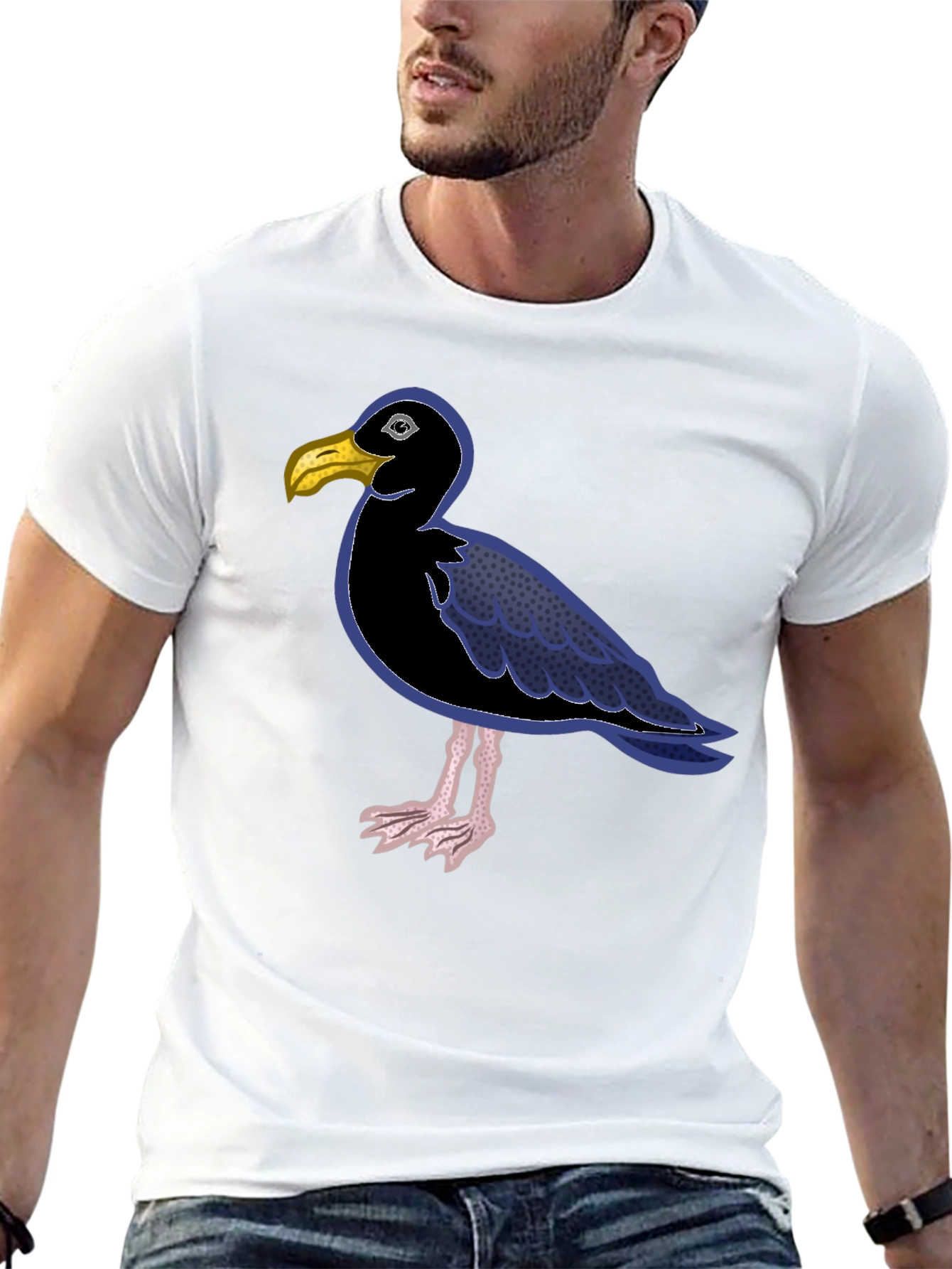 Black Black T-Shirt with Cartoon Seagull Design view 13