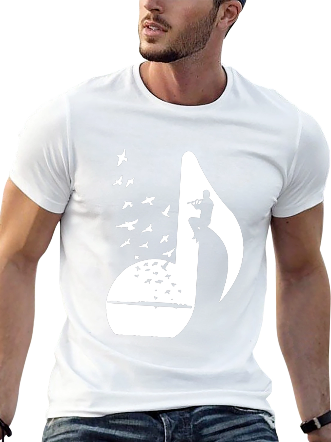 Black Musical Note Flute Player Graphic Tee - Black Cotton T-Shirt view 13