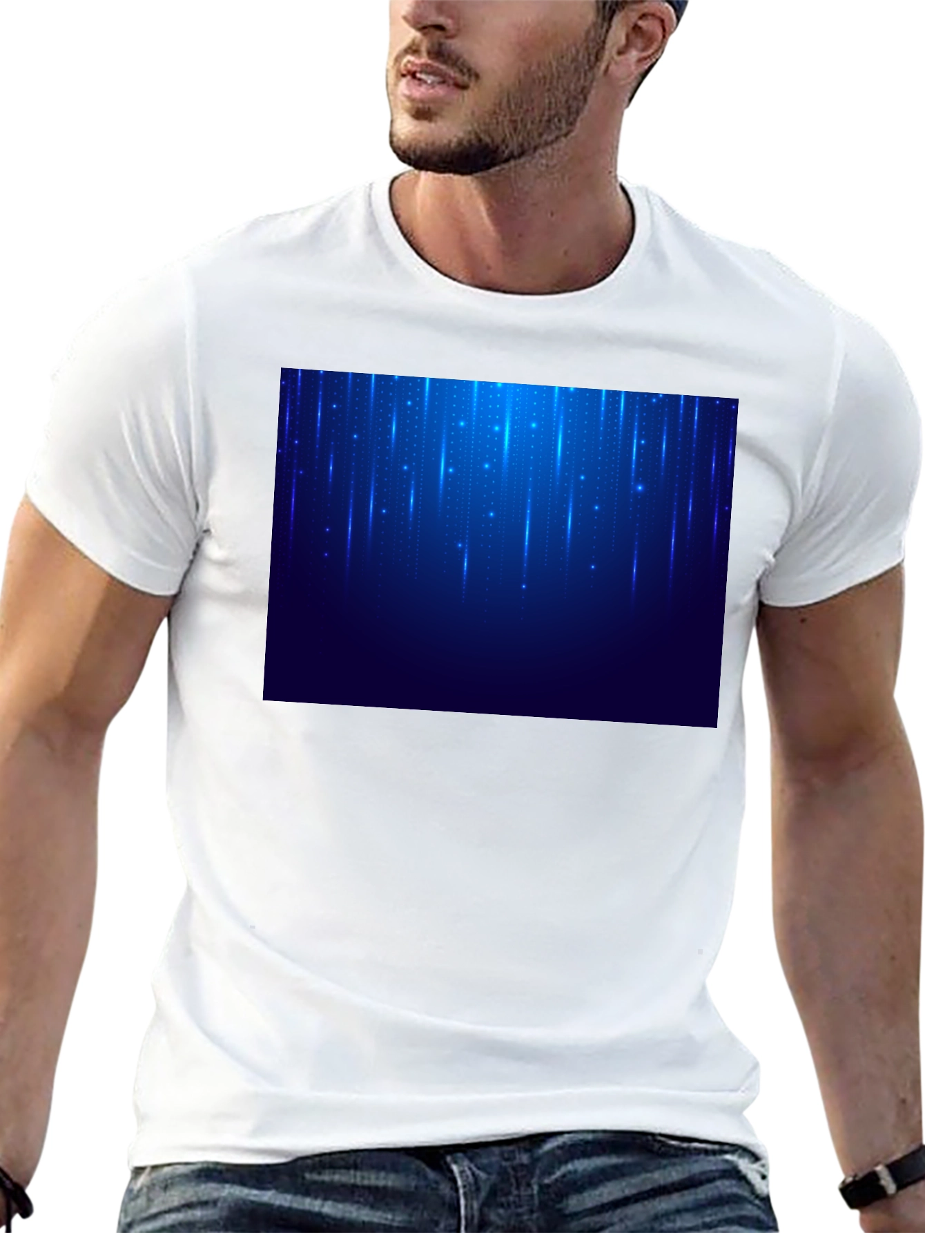 Black Men's Black T-Shirt with Blue Light Design view 13