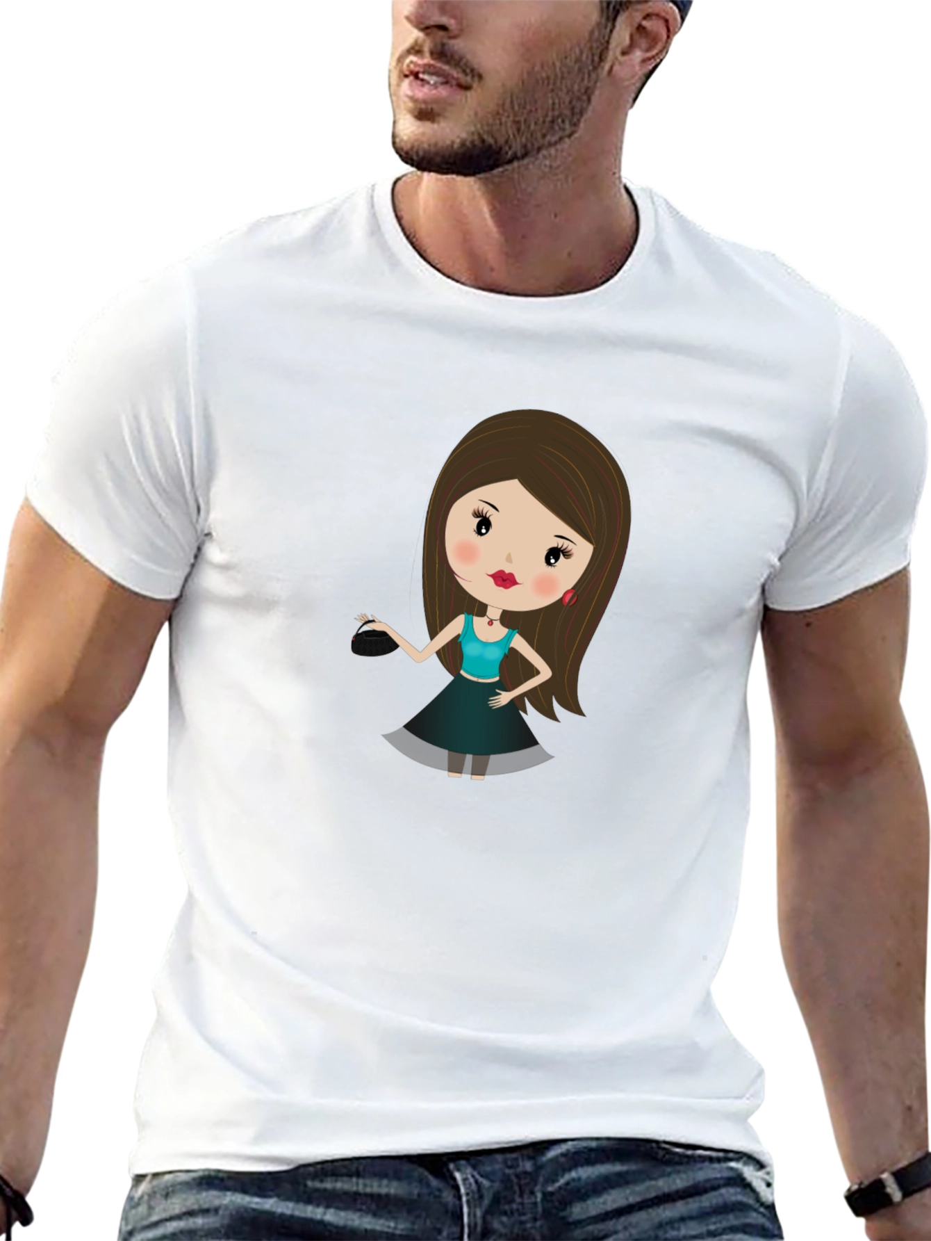 Black Cute Cartoon Girl Print Black T-Shirt view 13