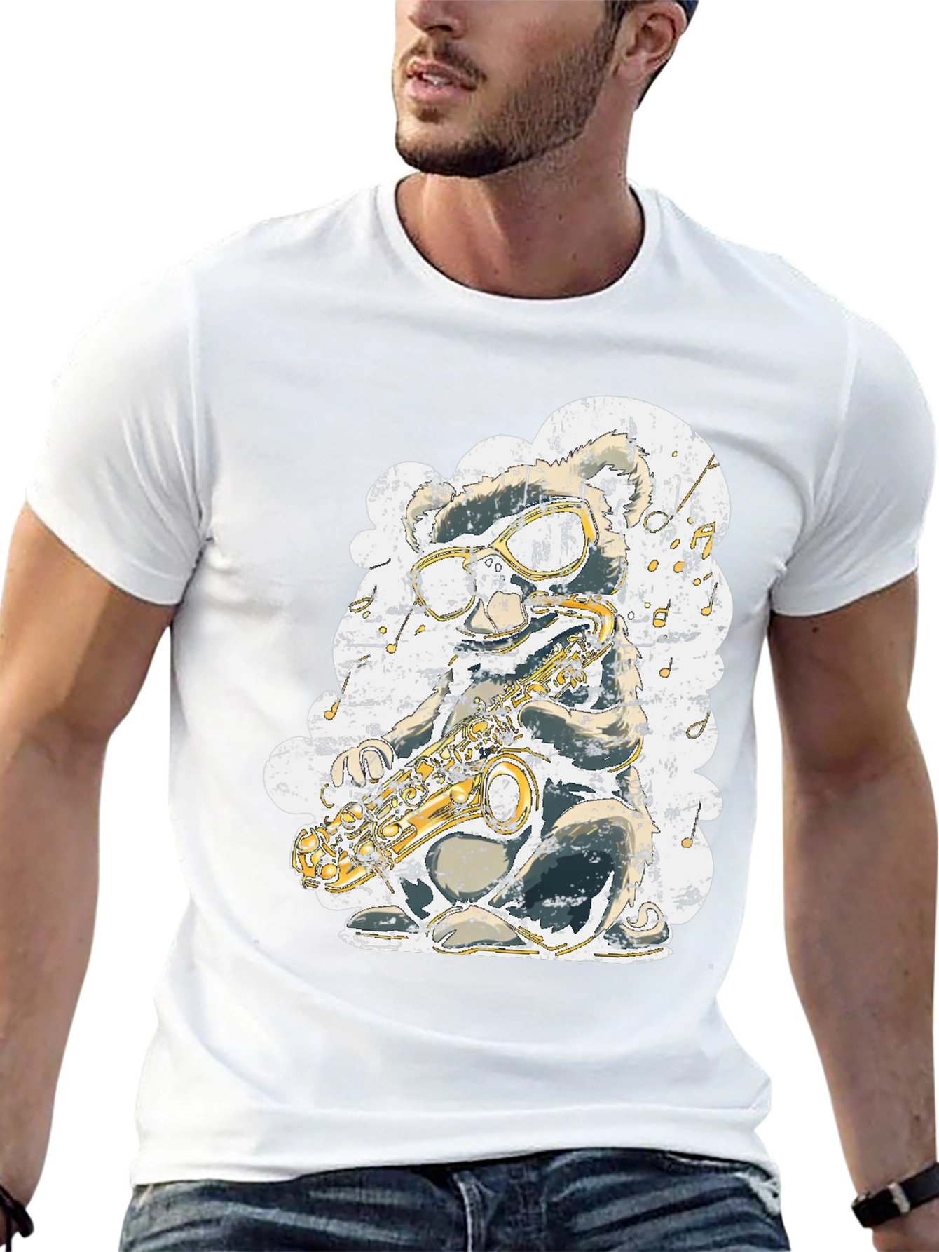 Black Cool Cartoon Mouse Saxophone Player Graphic T-Shirt view 13