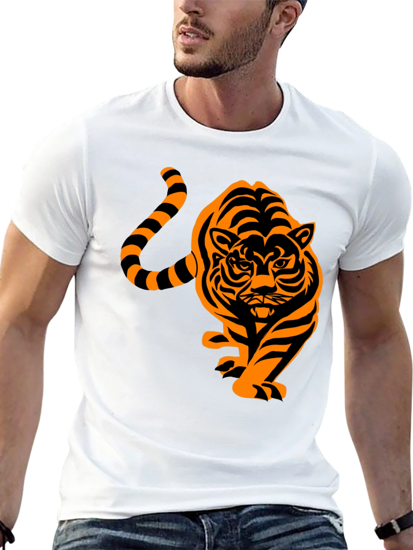 Black Men's Black T-Shirt with Orange Tiger Design view 13