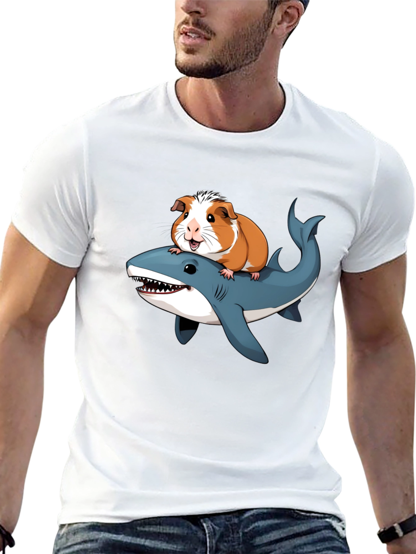 Black Guinea Pig Riding Shark Funny T-Shirt view 13