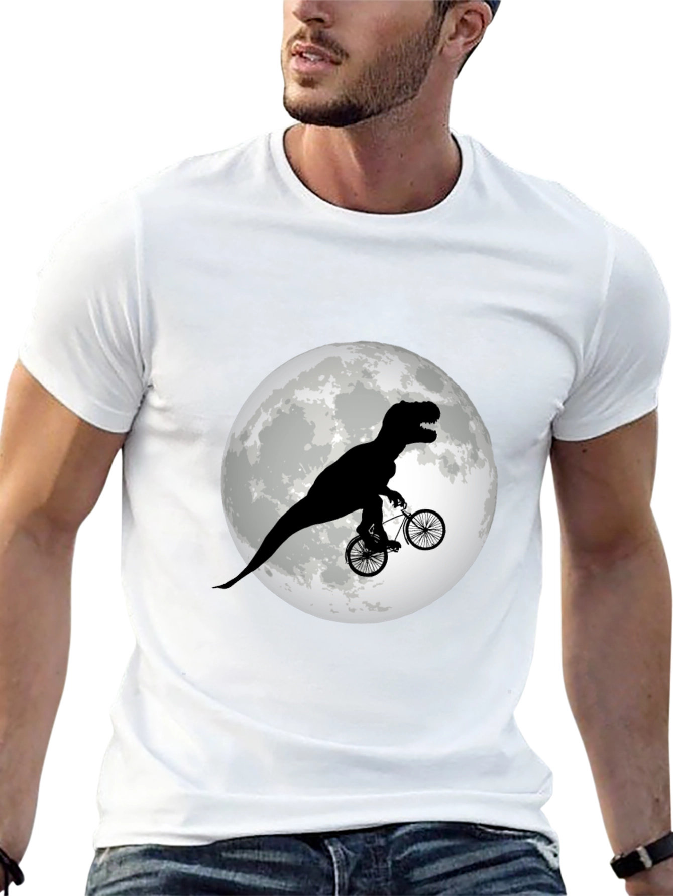Black Dino Biker T-Shirt - Funny T-Rex Riding Bicycle Moon Tee view 13