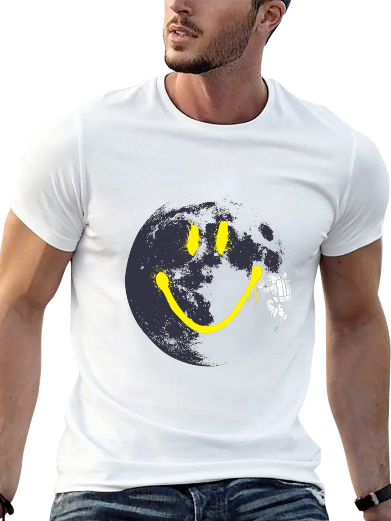 Black Astronaut Moon Smile T-Shirt - Black Cotton Graphic Tee view 13