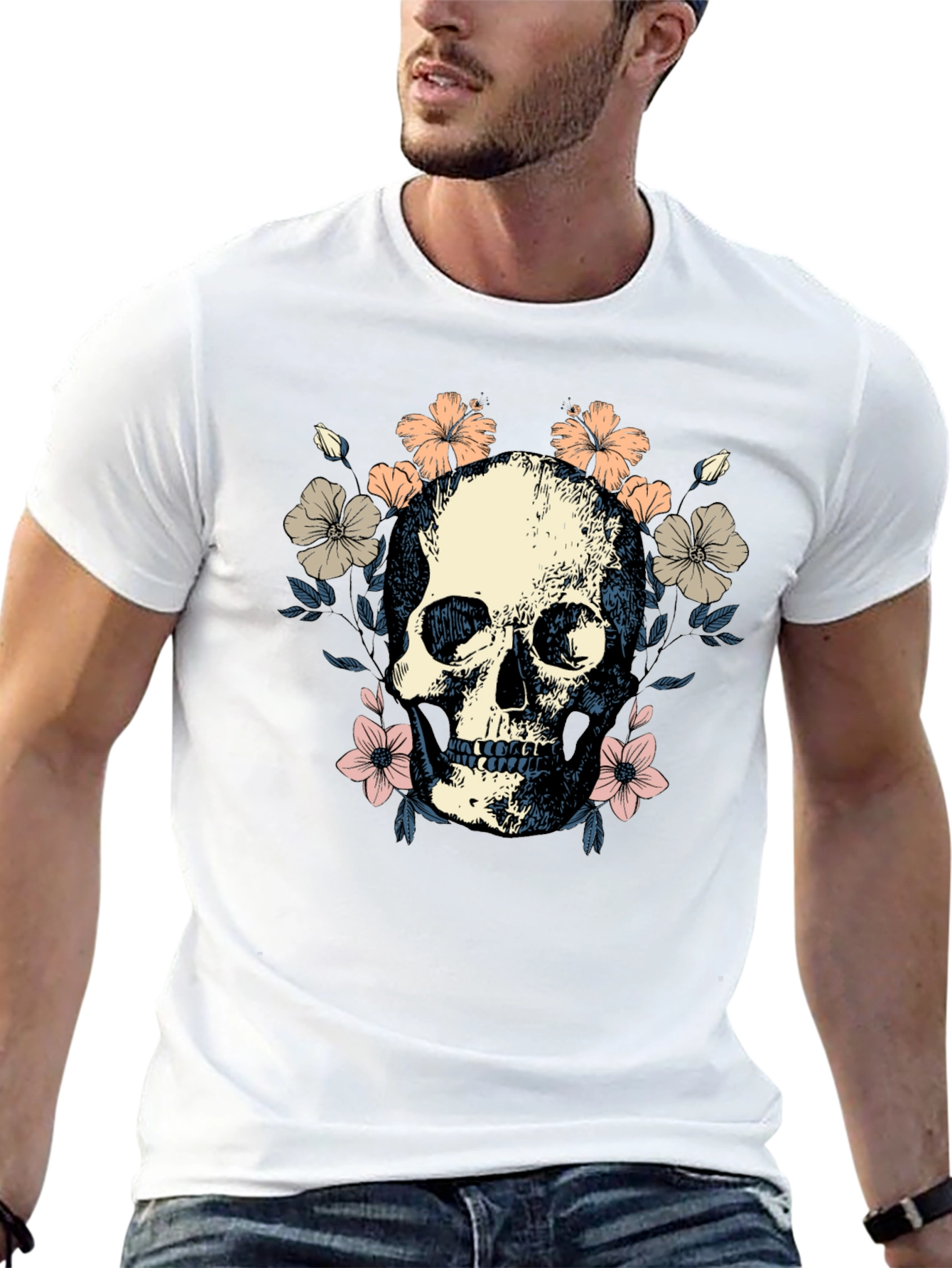 Black Floral Skull Graphic Tee - Stylish Black T-Shirt view 13