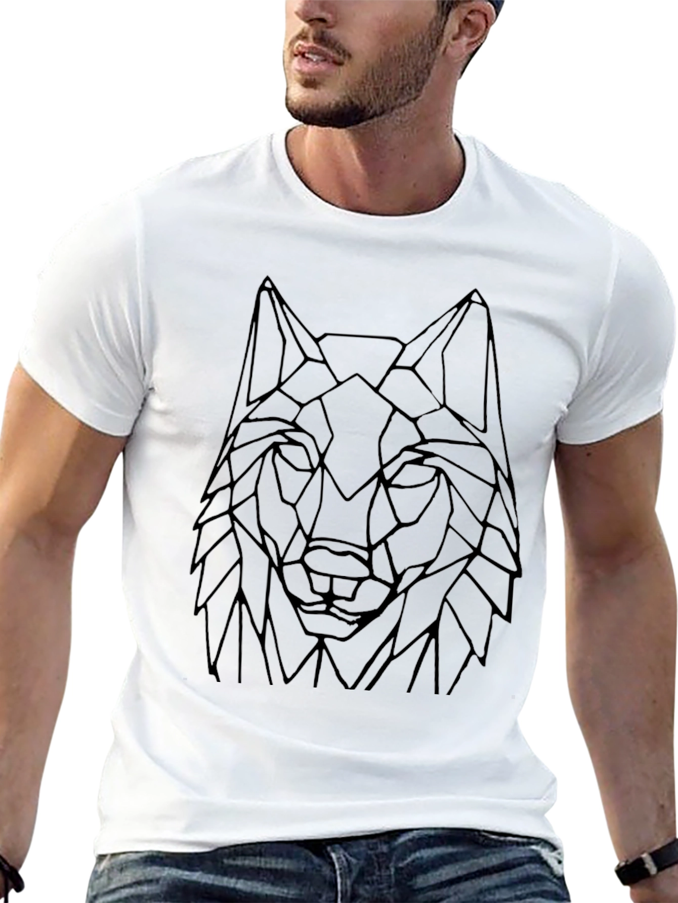 Black Geometric Wolf Head Black Graphic Tee view 13