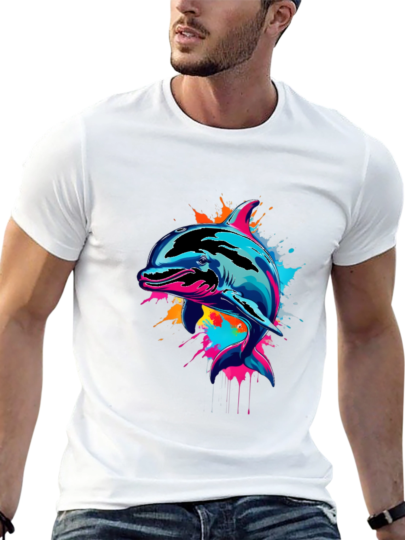 Black Vibrant Dolphin Graphic Tee - Men's Black T-Shirt view 13