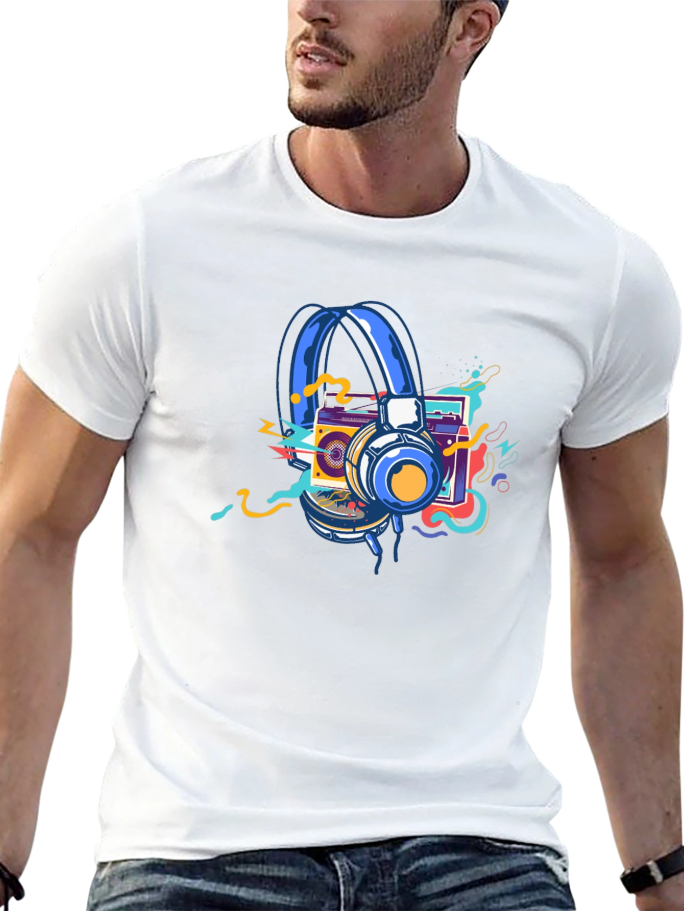 Black Retro Music Graphic T-Shirt: Headphones & Boombox view 13