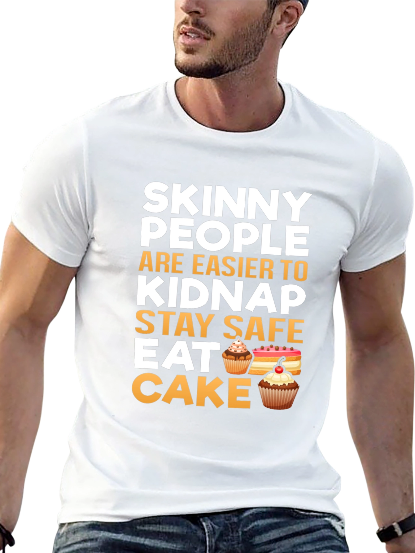 Black Skinny People Kidnap Stay Safe Eat Cake Graphic Tee view 13