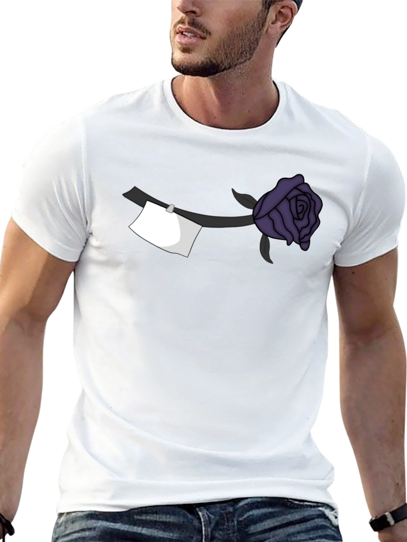 Black Black T-Shirt with Purple Rose and Note Design view 13