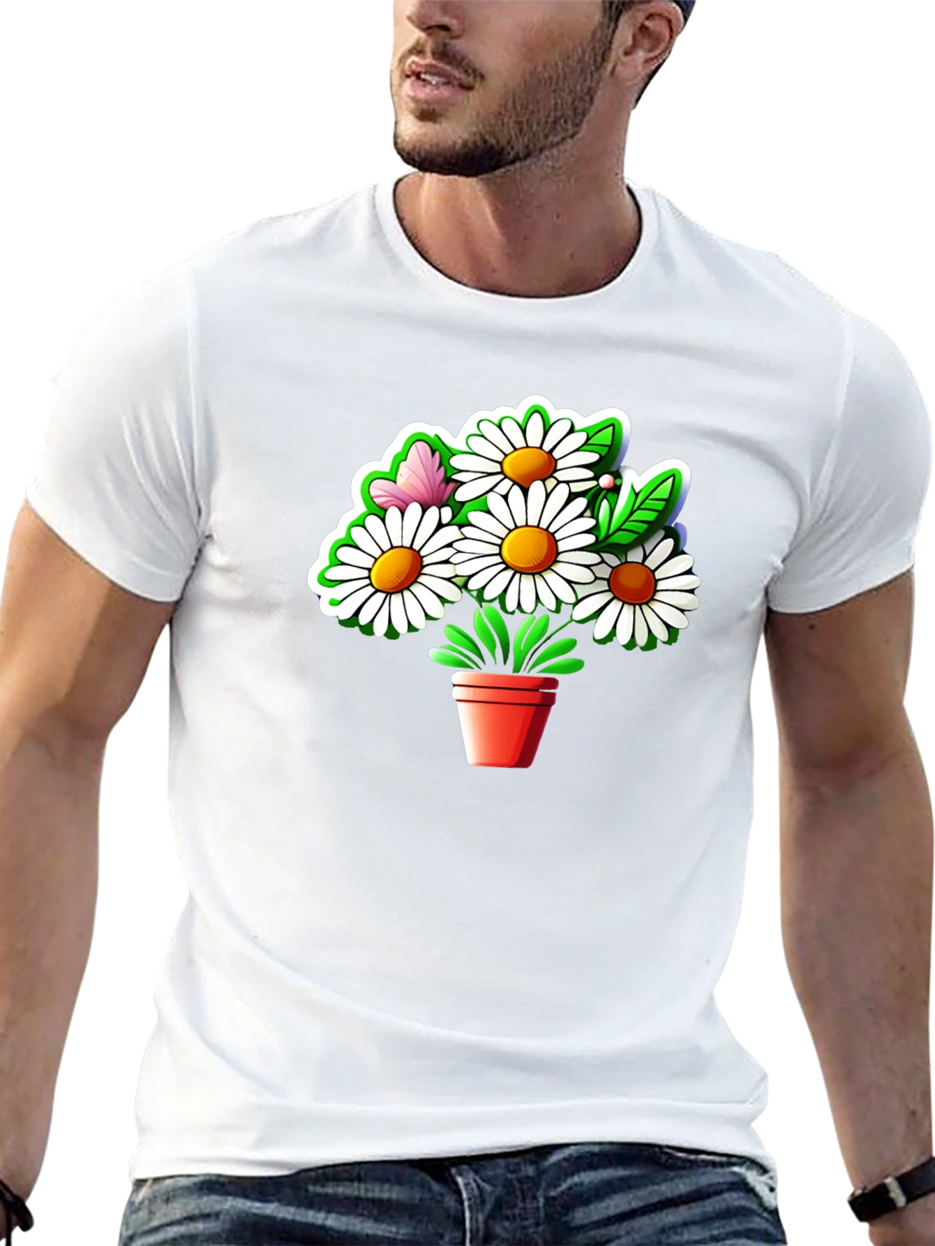 Black Daisy Flower Pot Graphic Tee - Black Cotton Casual T-Shirt view 13