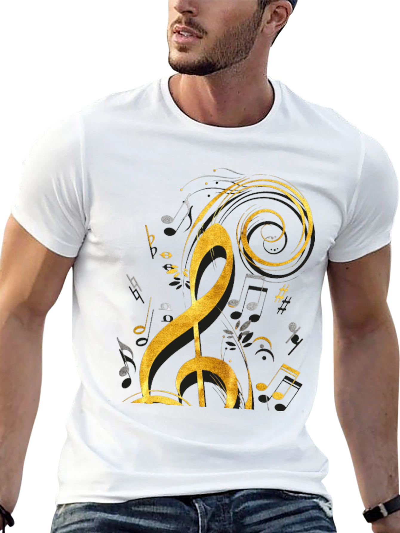 Black Musical Note Graphic Tee - Black Cotton T-Shirt view 13