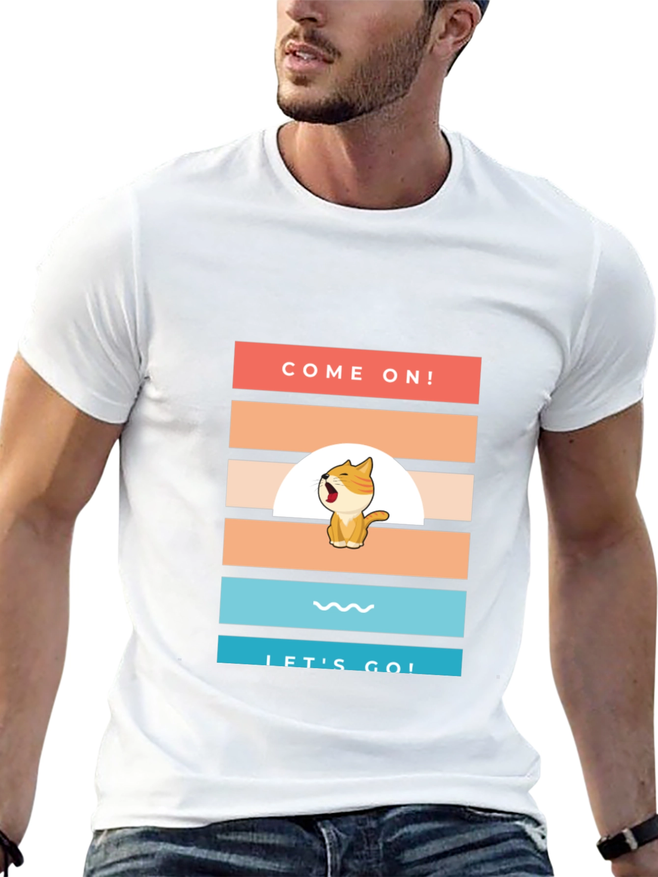 Black Come On! Let's Go! Cartoon Cat T-Shirt view 13