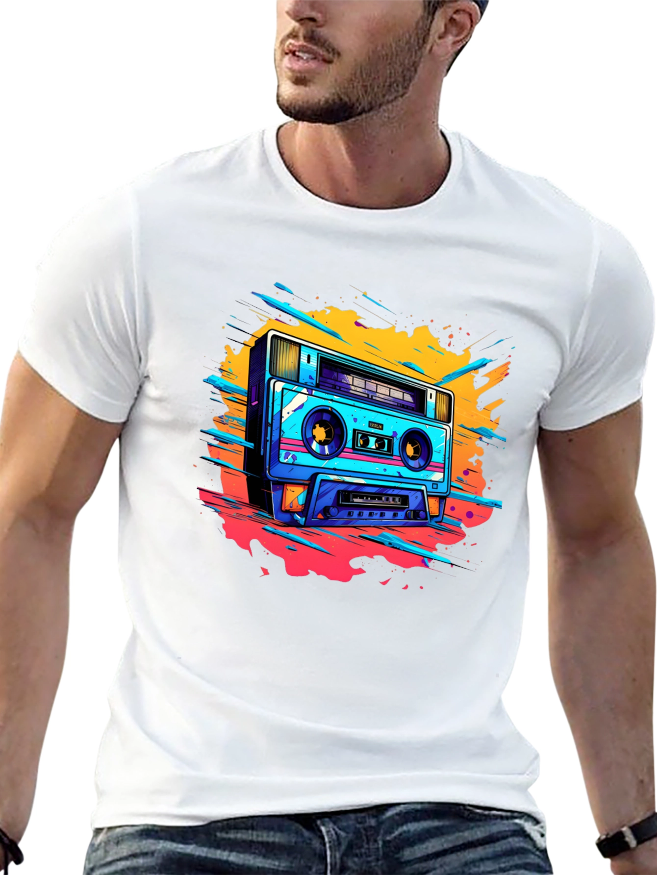 Black Retro Boombox Graphic Tee - Black Cotton T-Shirt view 13