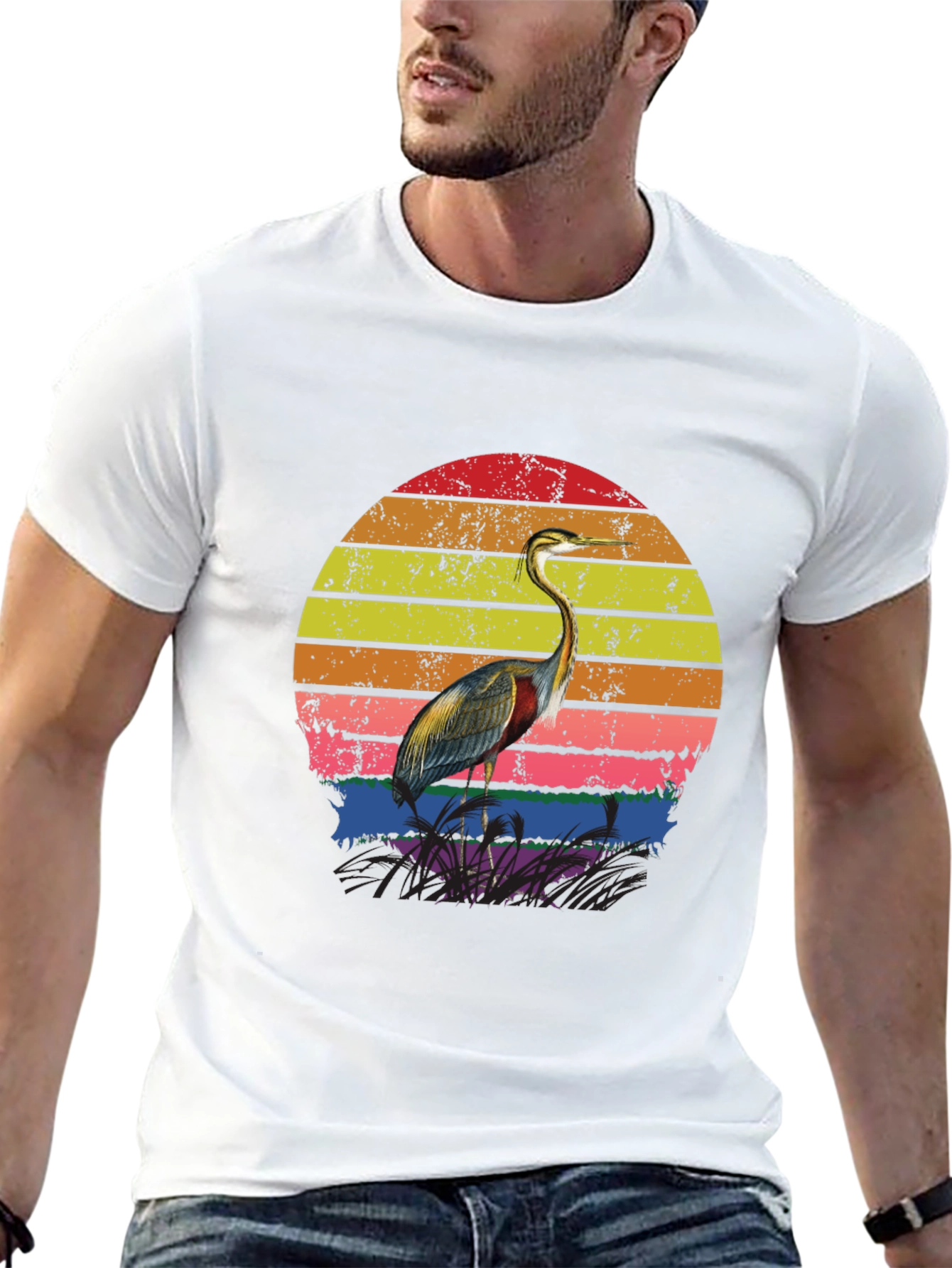 Black Retro Heron Sunset Graphic Tee - Black Cotton Blend view 13