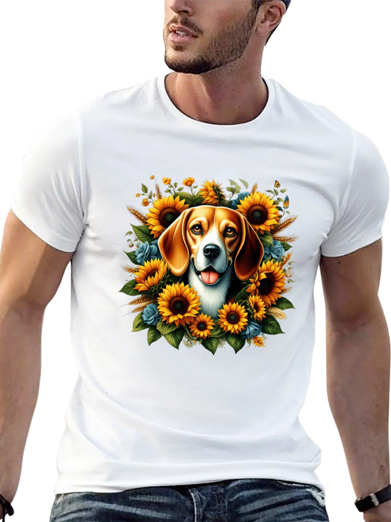 Black Dog Surrounded by Sunflowers Black T-Shirt view 13