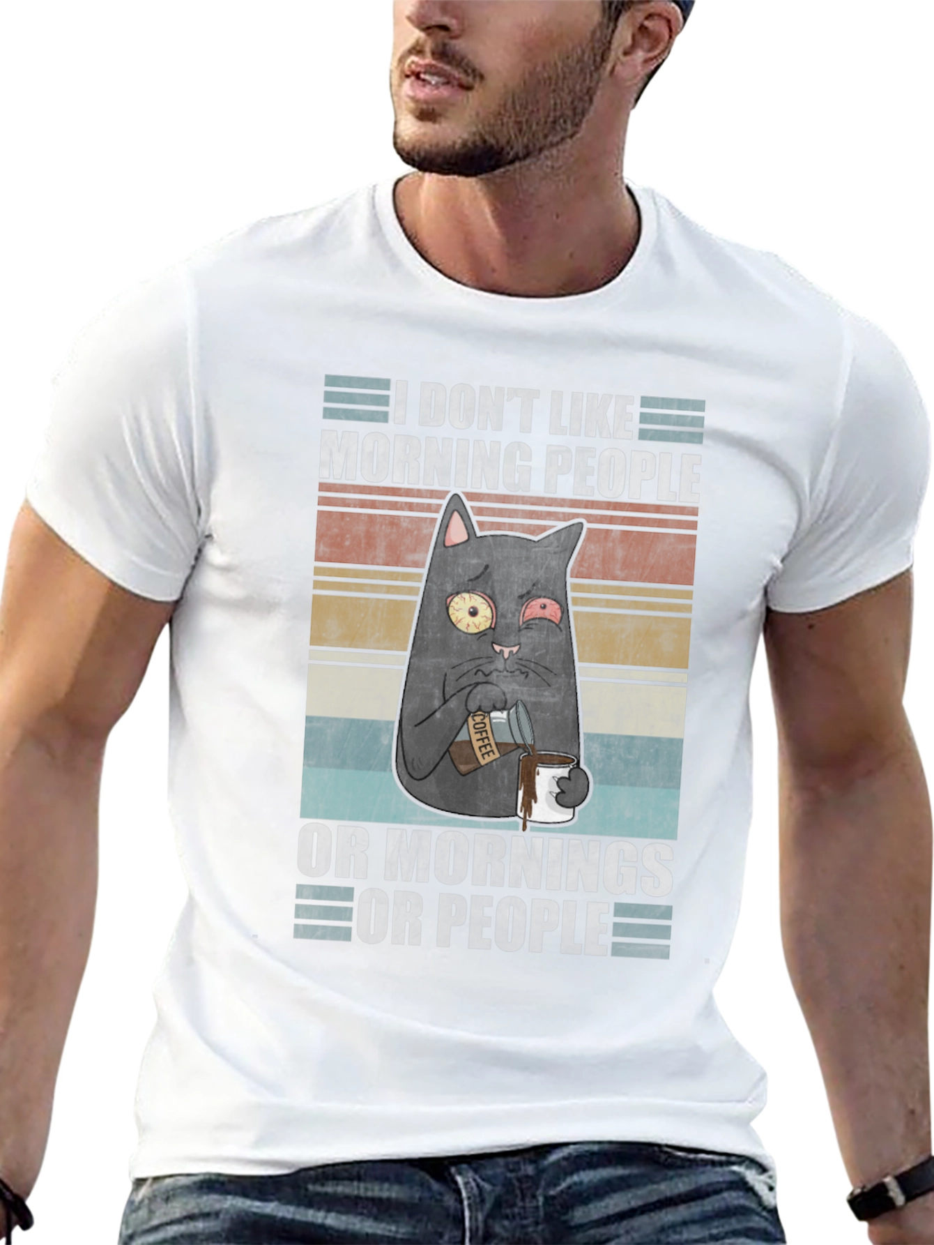 Black Humorous 'I Don't Like Morning People' Cat T-Shirt view 13
